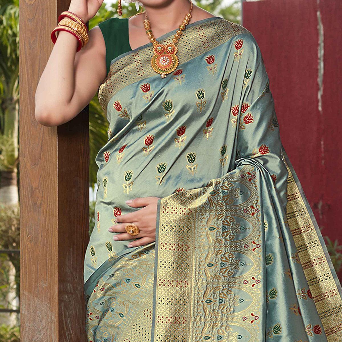 Turquoise Green Festive Wear Woven With Meena Rappier Lichi Silk Saree - Peachmode