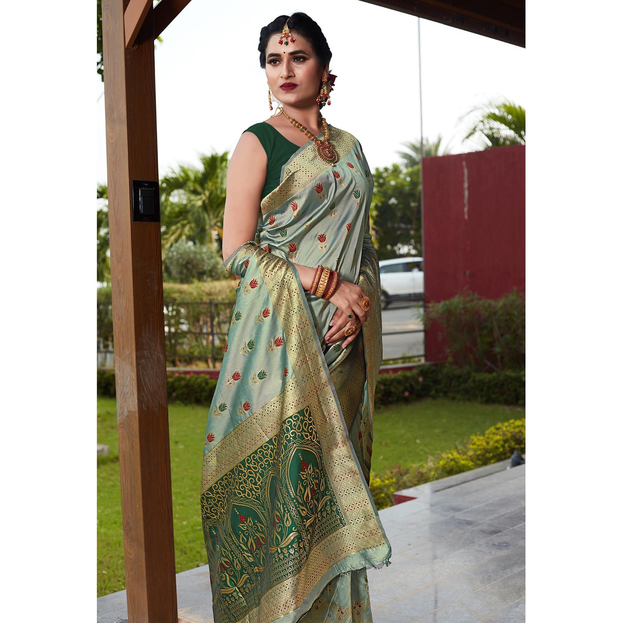 Turquoise Green Festive Wear Woven With Meena Rappier Lichi Silk Saree - Peachmode
