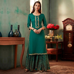 Turquoise Green Floral Embroidered Muslin Kurti Palazzo Suit - Peachmode