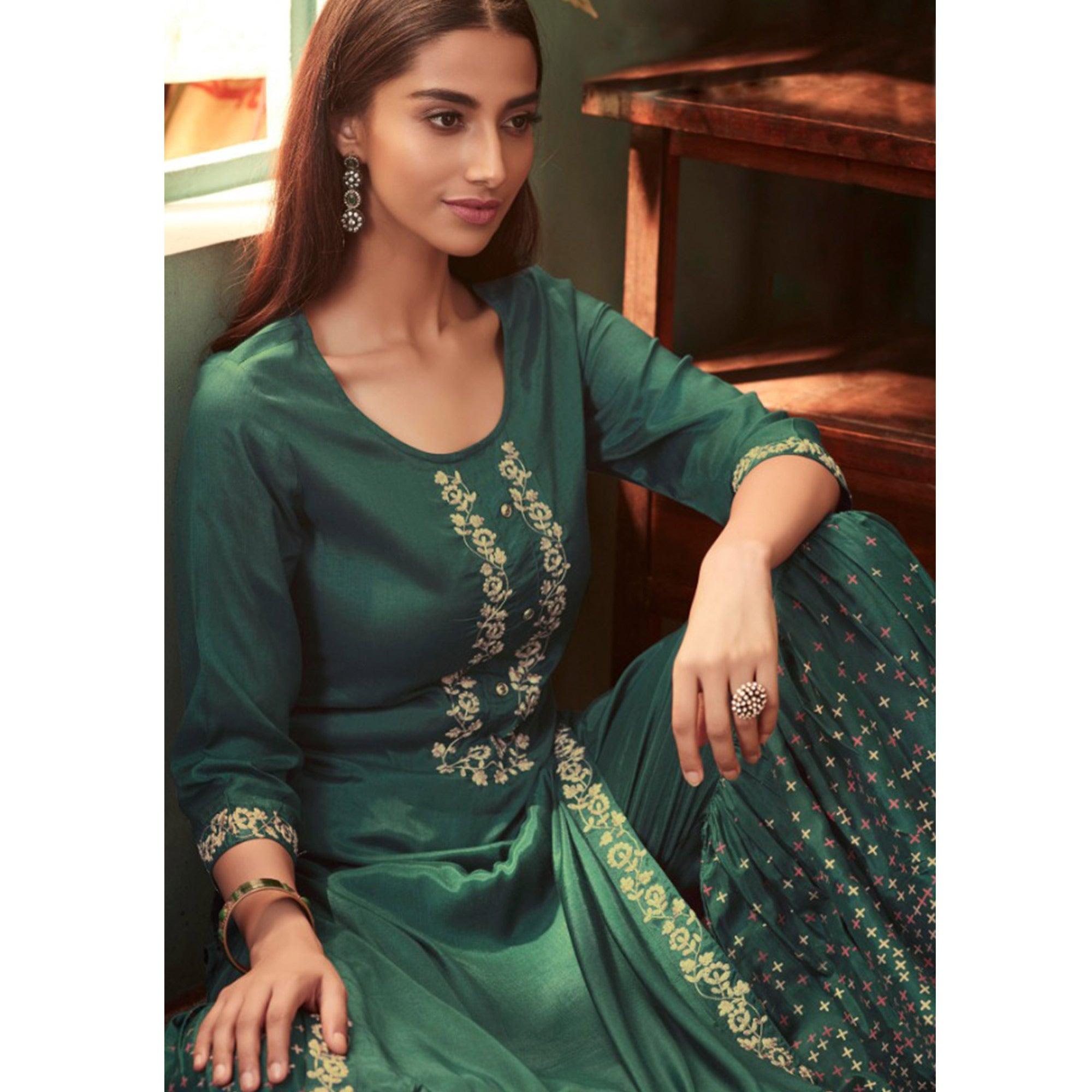 Turquoise Green Floral Embroidered Muslin Kurti Palazzo Suit - Peachmode