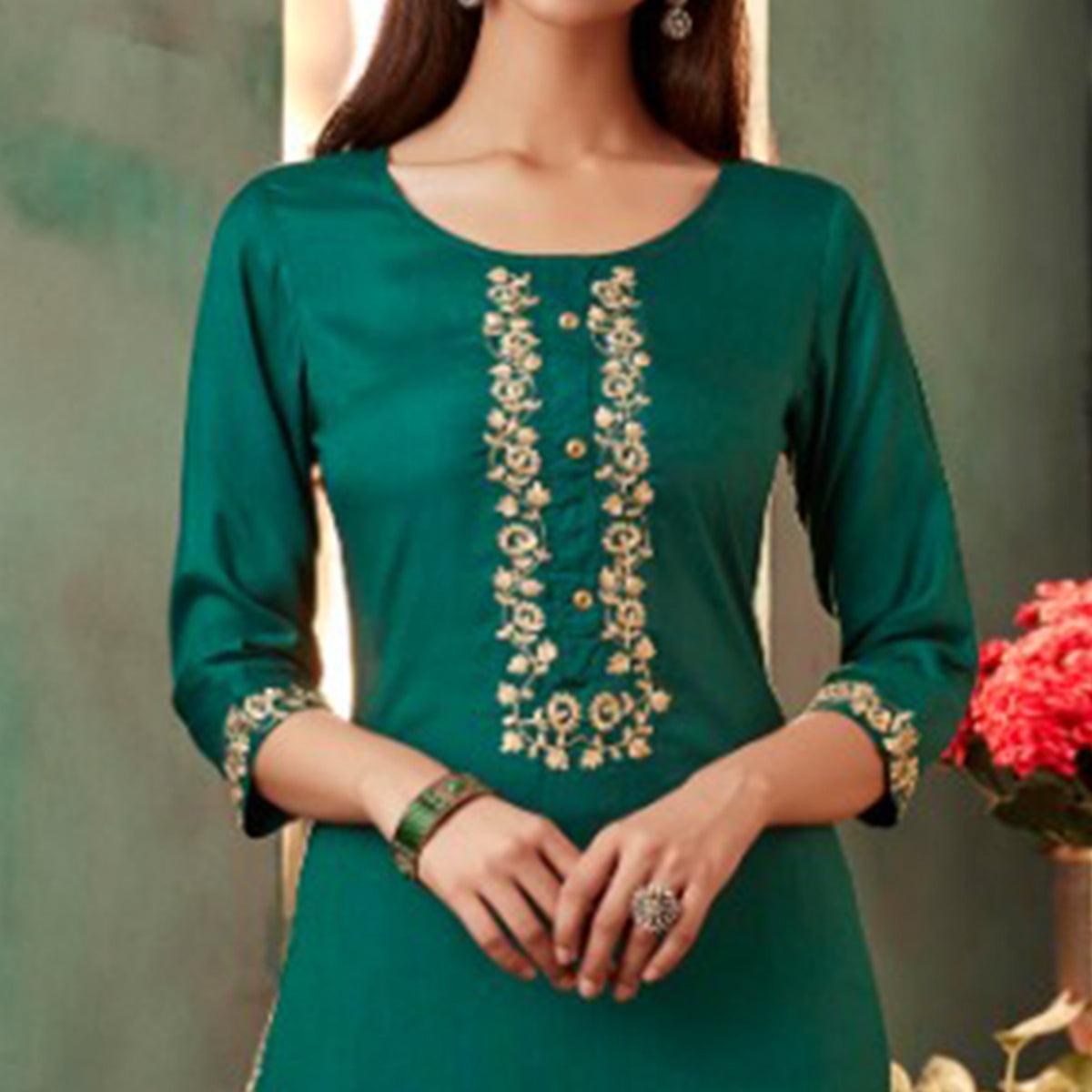 Turquoise Green Floral Embroidered Muslin Kurti Palazzo Suit - Peachmode