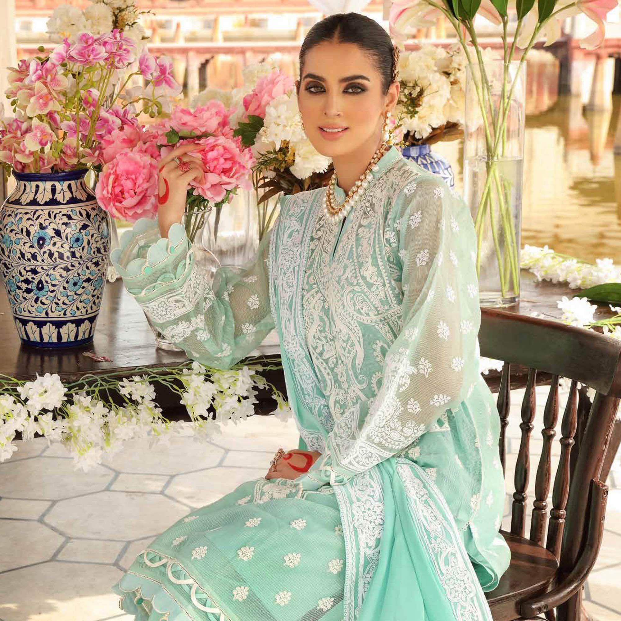 Turquoise Green Partywear Embroidered Pure Jam Cotton Pakistani Suit - Peachmode