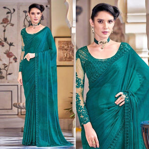 Turquoise Green Solid Art Silk Saree - Peachmode
