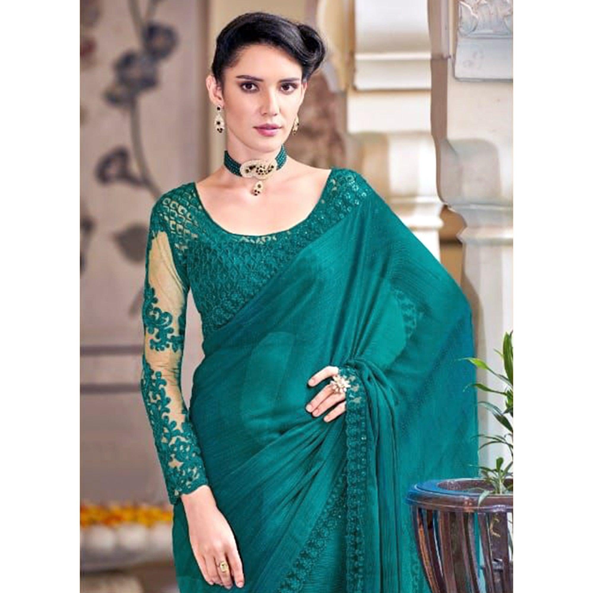 Turquoise Green Solid Art Silk Saree - Peachmode