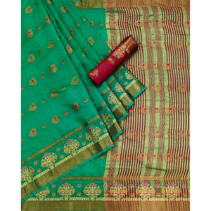 Turquoise Green Woven Poly Cotton Saree - Peachmode