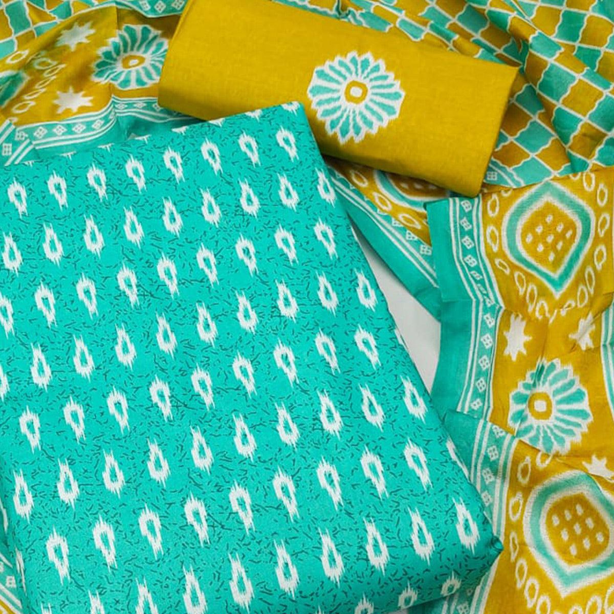 Turquoise Ikkat Printed Pure Cotton Dress Material - Peachmode