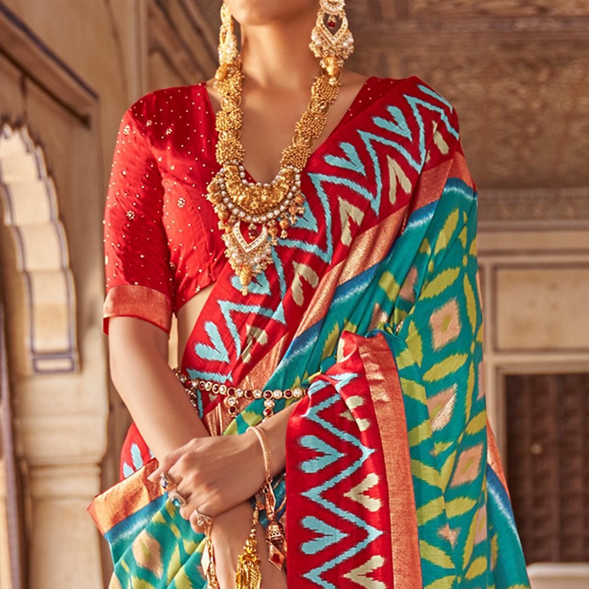 Turquoise Ikkat Printed-Woven Patola Art Silk Saree - Peachmode