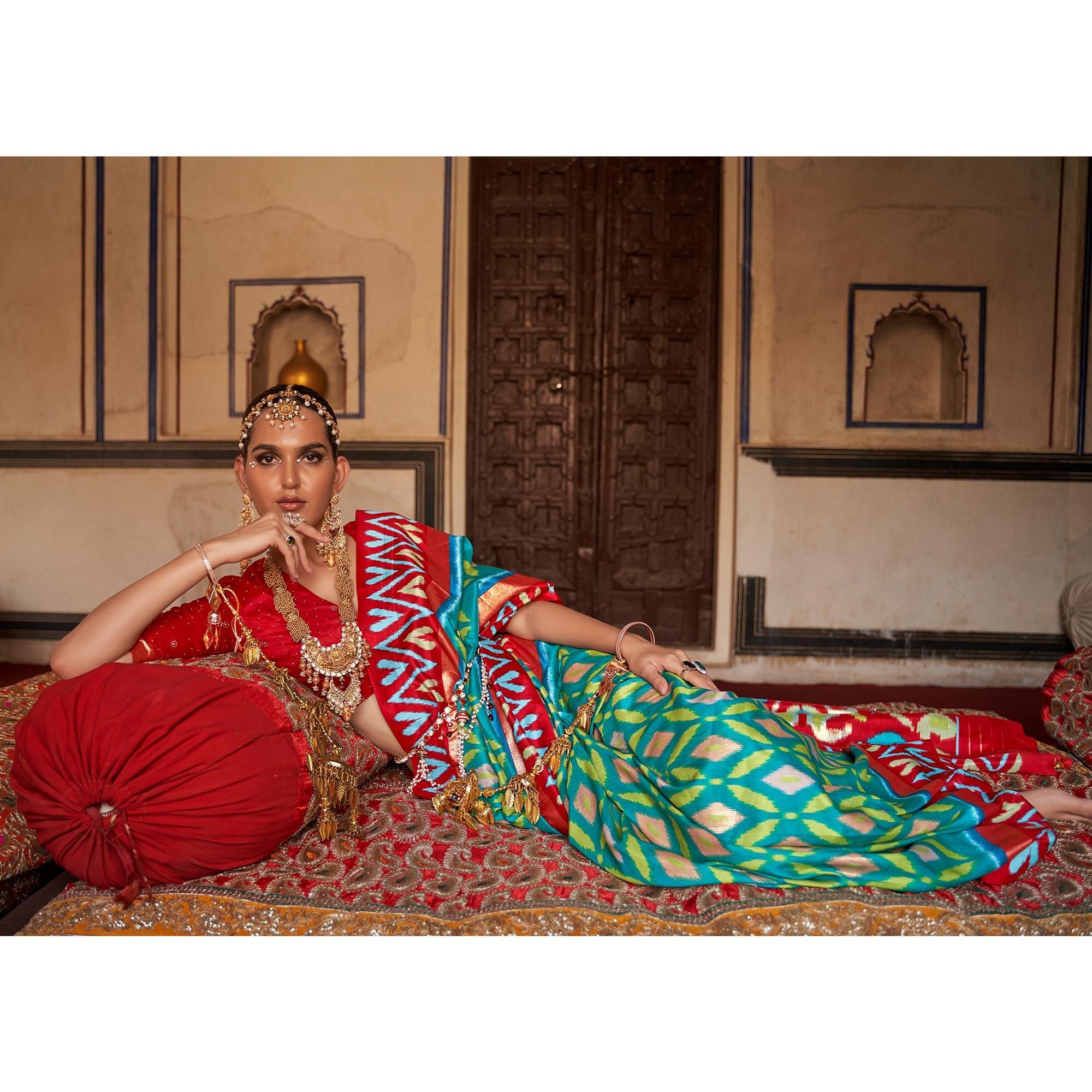 Turquoise Ikkat Printed-Woven Patola Art Silk Saree - Peachmode