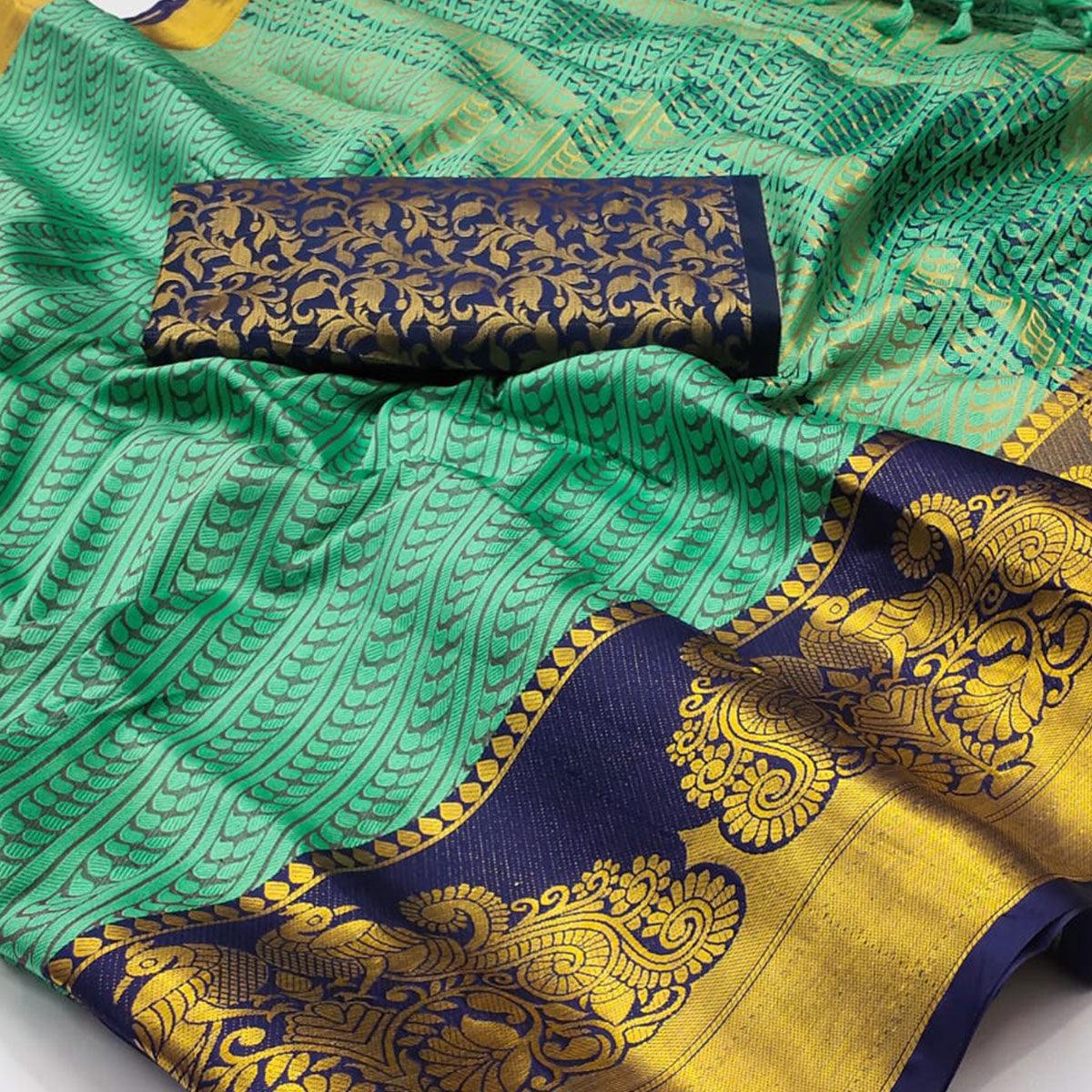 Turquoise Kalamkari Woven Cotton Silk Saree - Peachmode