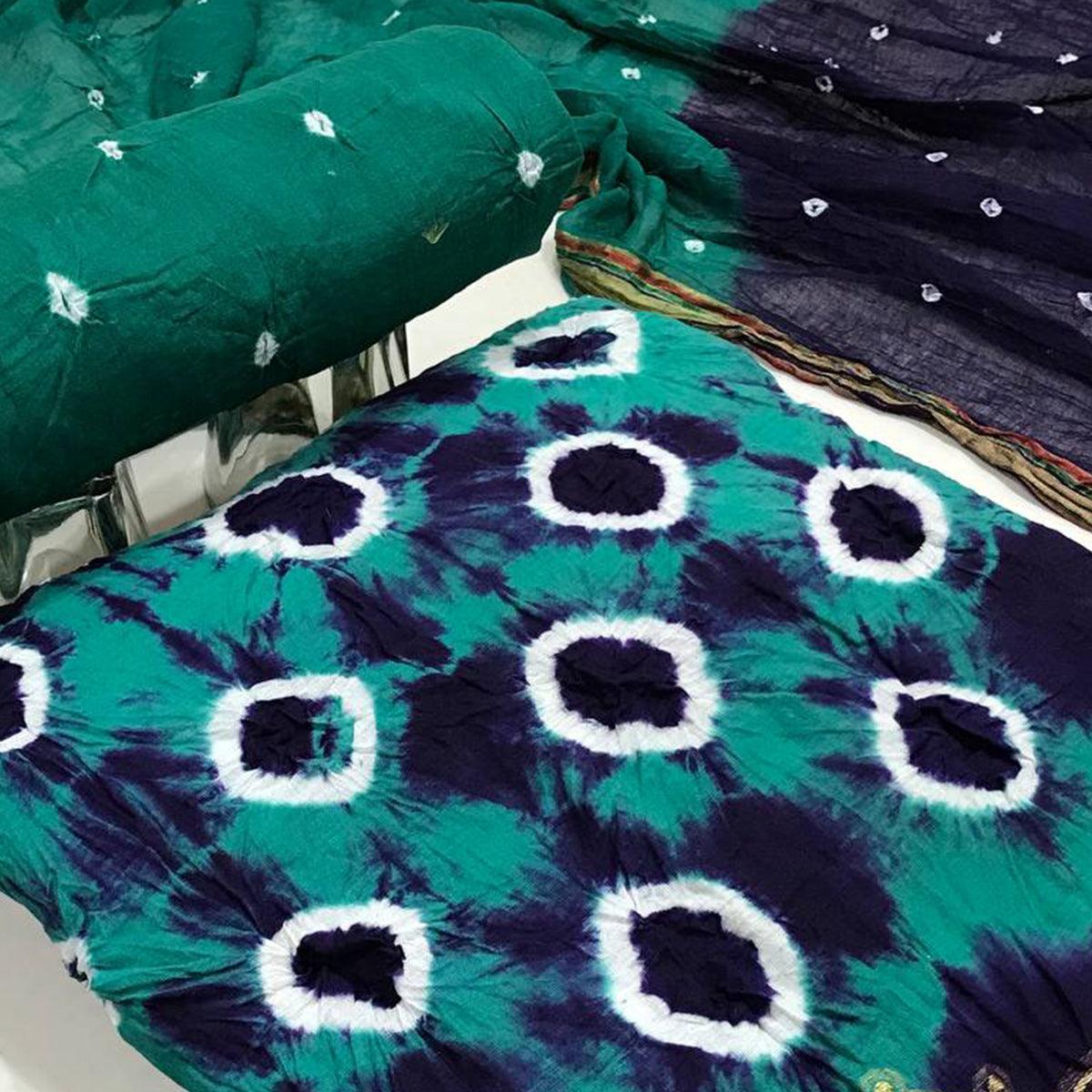 Turquoise-Navy Blue Bandhani Printed Pure Cotton Dress Material - Peachmode