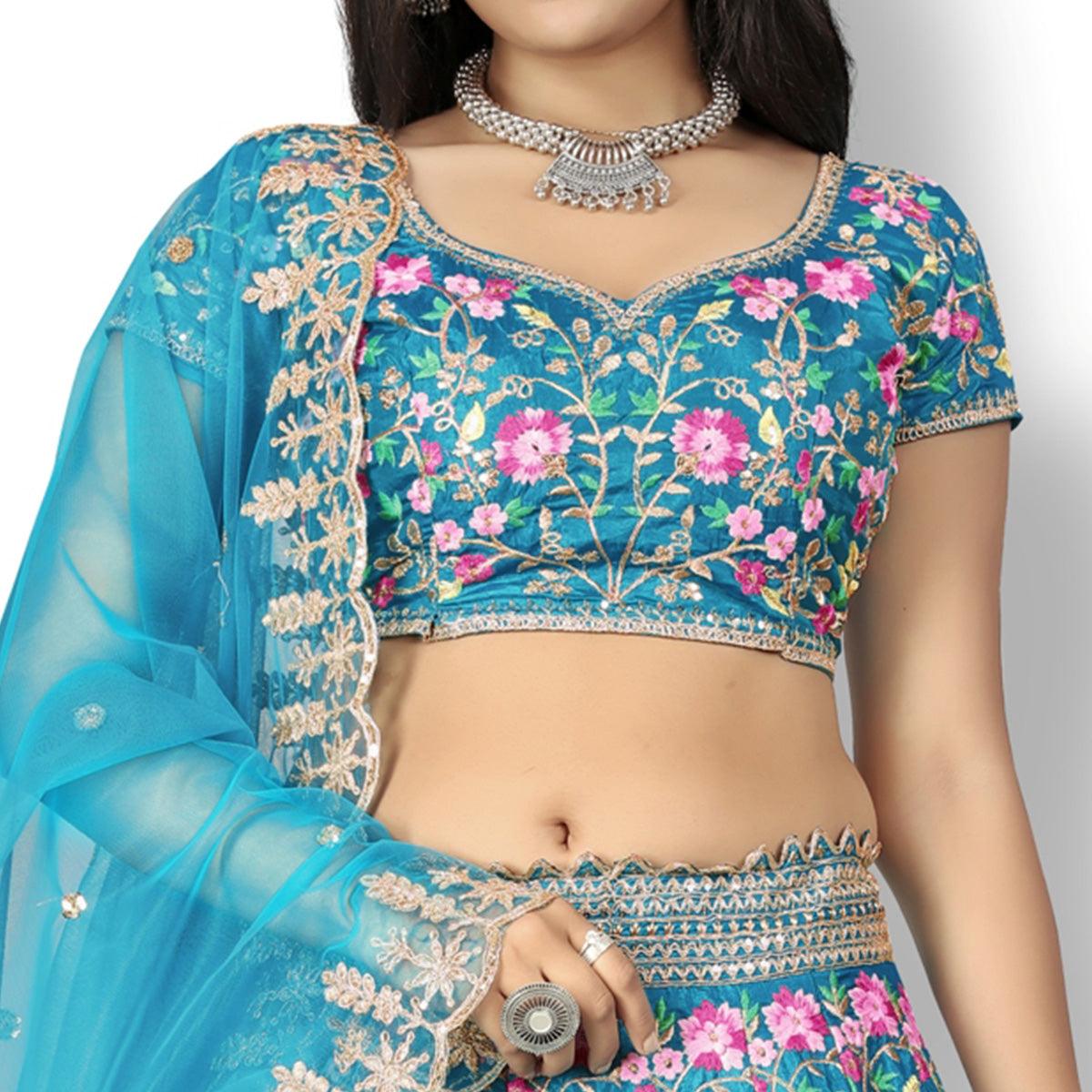 Turquoise Party Wear Sequence Embroidered Silk Lehenga Choli - Peachmode