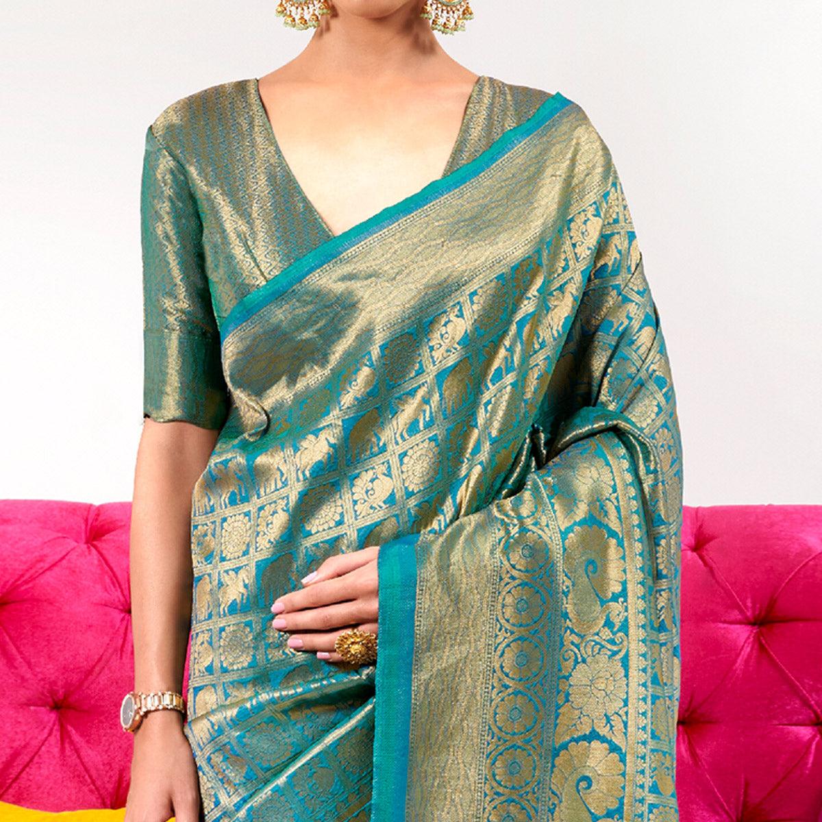 Turquoise Partywear Banarasi  Woven Silk  Saree - Peachmode