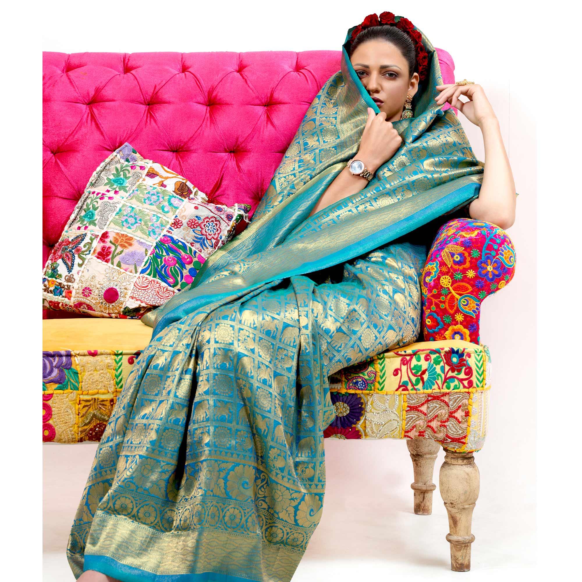 Turquoise Partywear Banarasi  Woven Silk  Saree - Peachmode