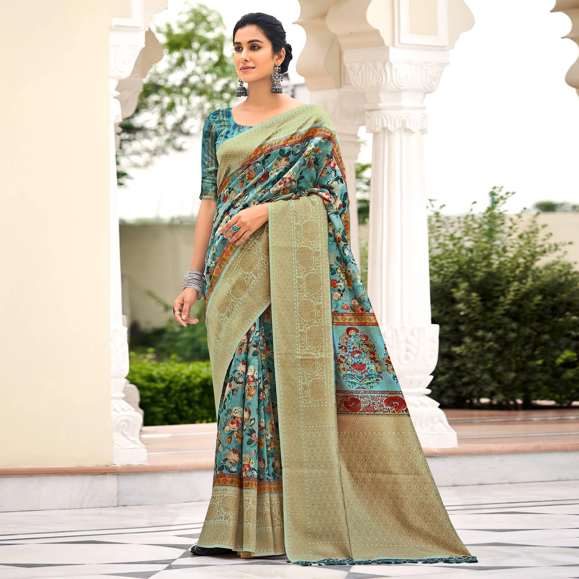 Turquoise Partywear Digital Printed Silk Saree - Peachmode