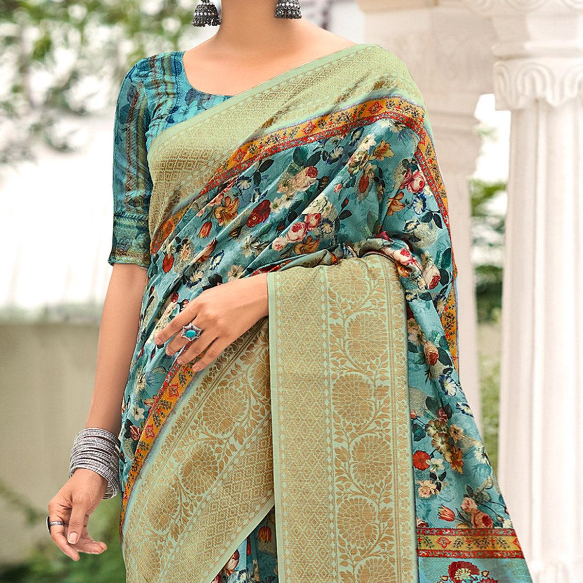 Turquoise Partywear Digital Printed Silk Saree - Peachmode