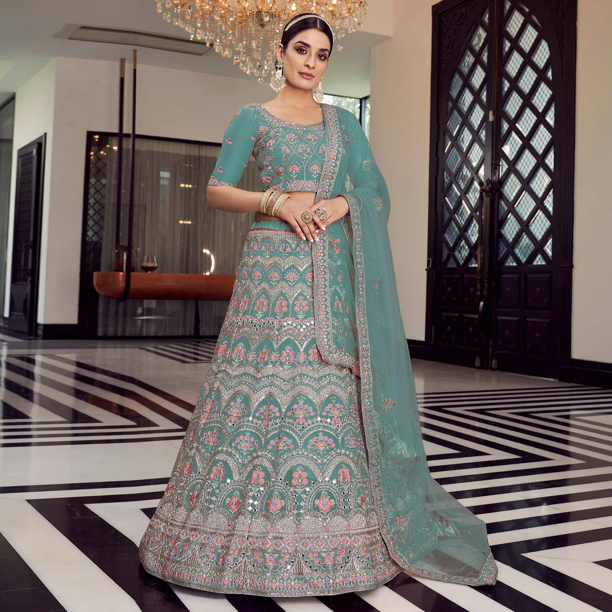 Turquoise Partywear Embellished Organza Lehenga Choli - Peachmode