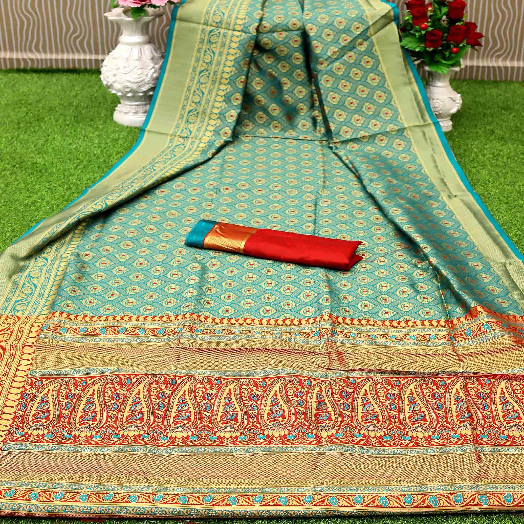 Turquoise Partywear Embroidered Banarasi Art Silk Saree - Peachmode