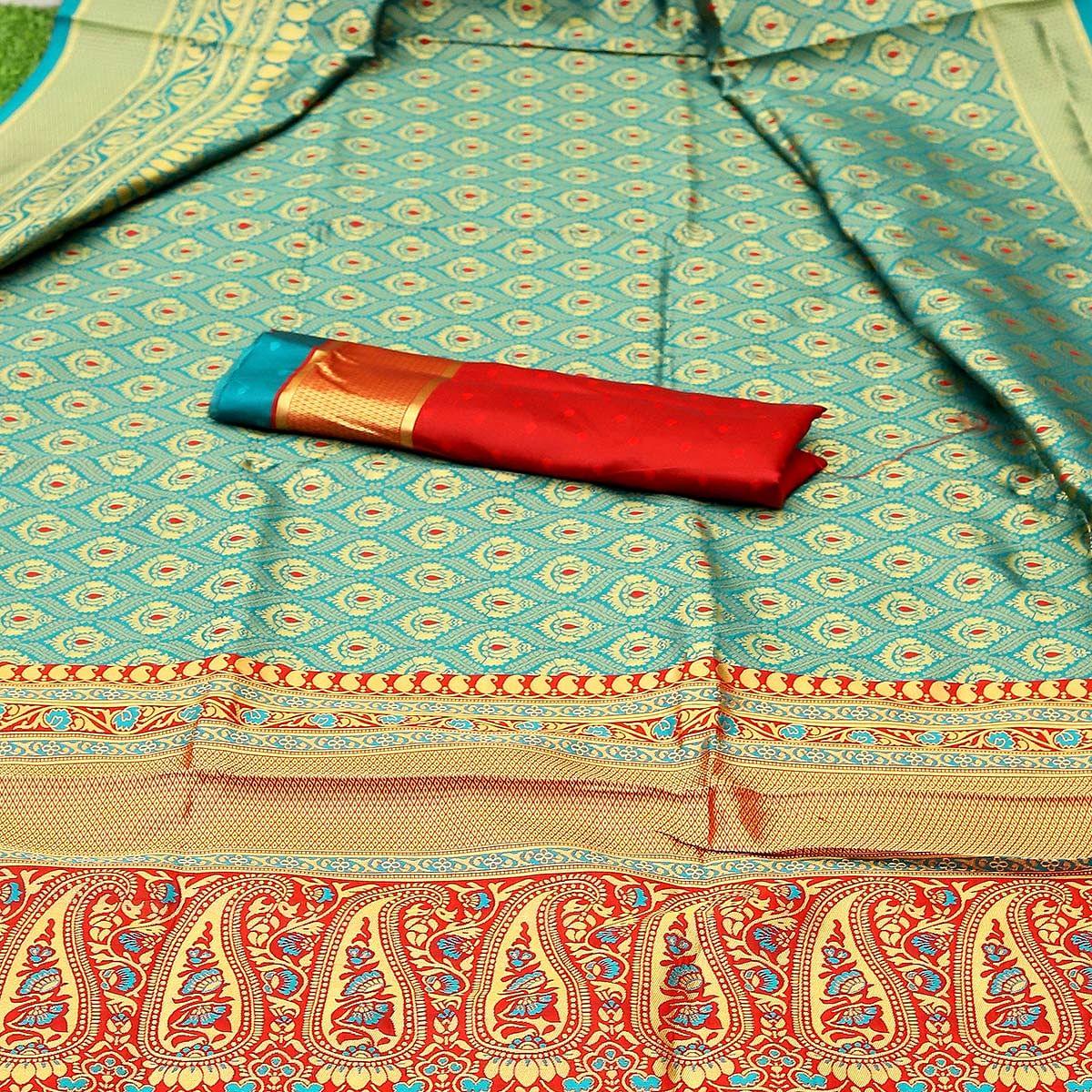 Turquoise Partywear Embroidered Banarasi Art Silk Saree - Peachmode