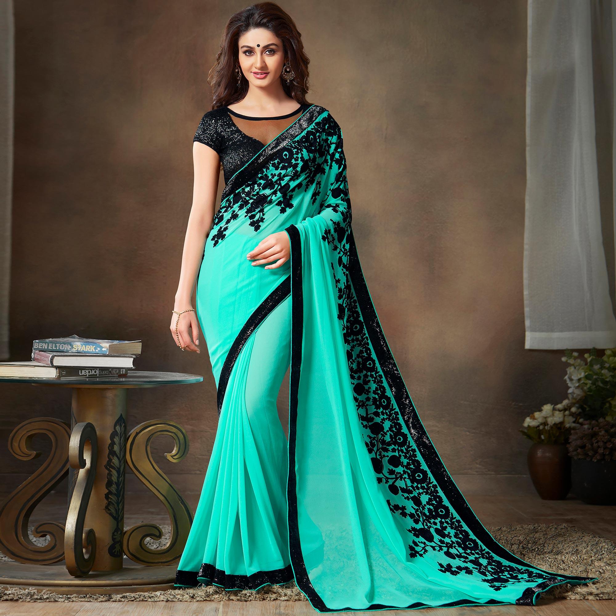 Turquoise Partywear Embroidered Georgette Saree - Peachmode