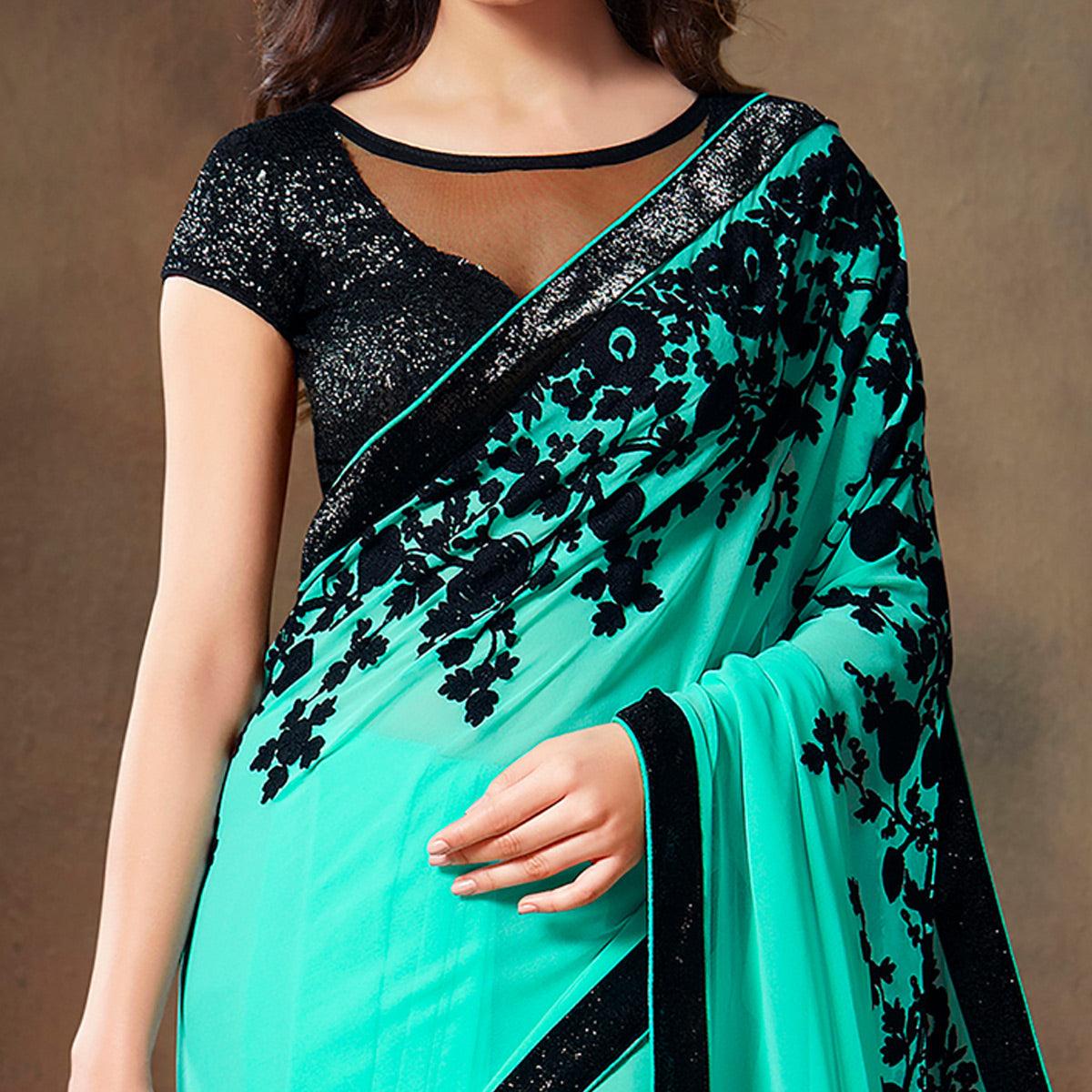 Turquoise Partywear Embroidered Georgette Saree - Peachmode