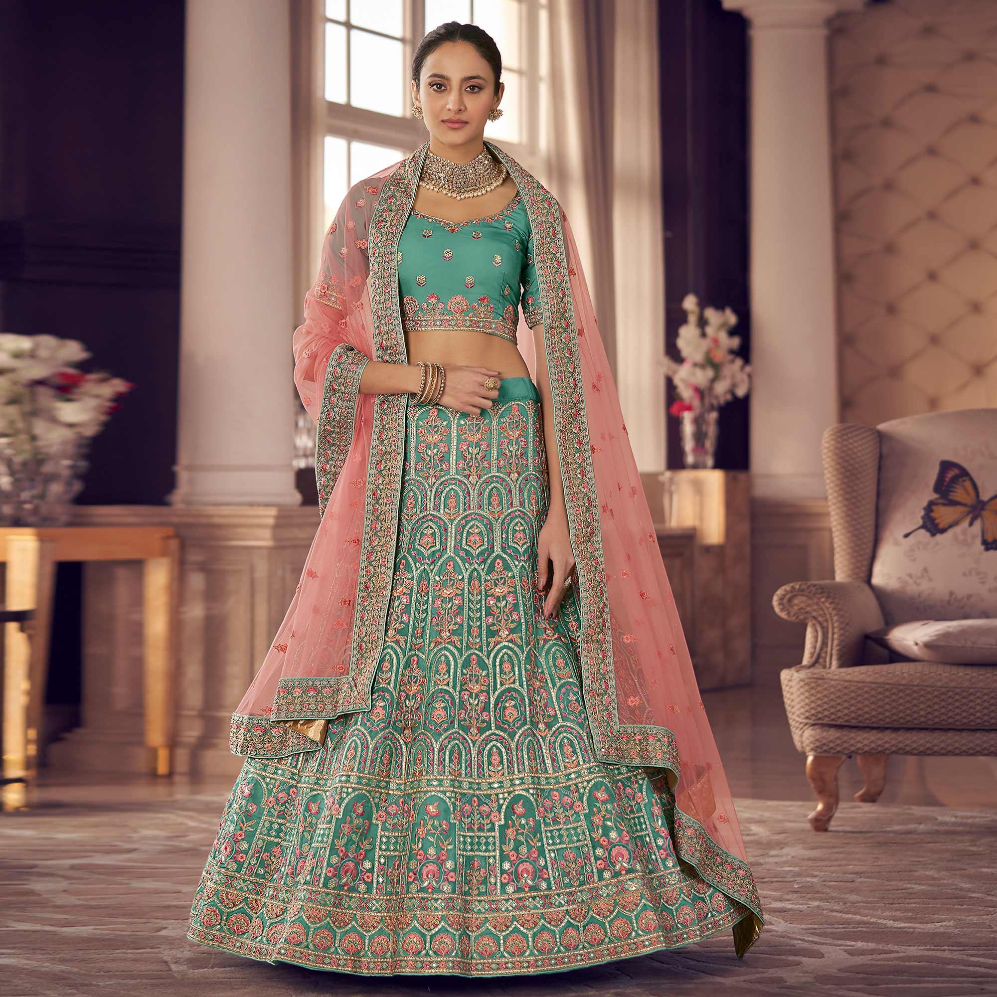Turquoise Partywear Embroidered Organza Lehenga Choli - Peachmode