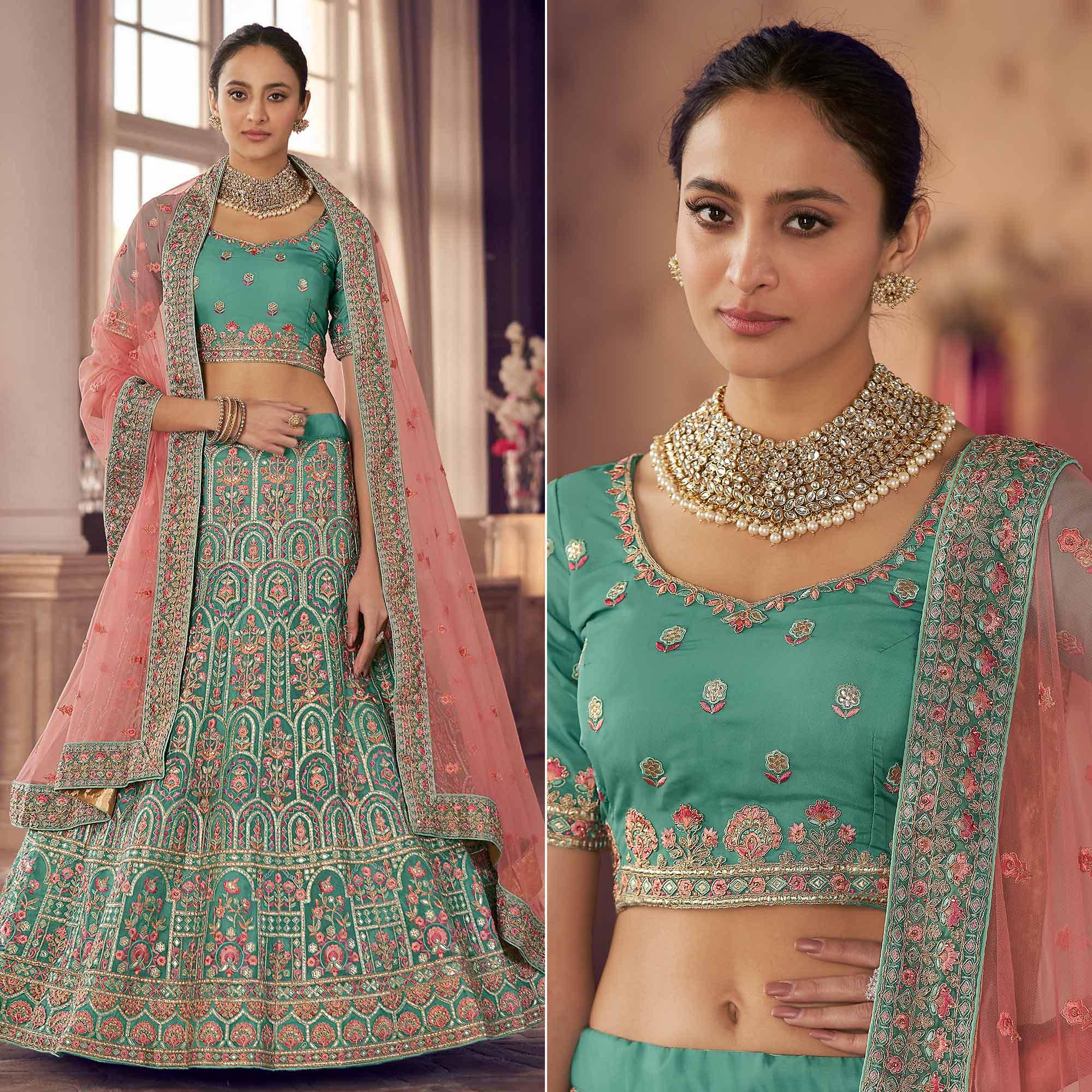 Turquoise Partywear Embroidered Organza Lehenga Choli - Peachmode