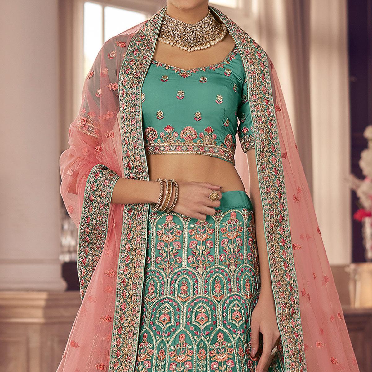 Turquoise Partywear Embroidered Organza Lehenga Choli - Peachmode