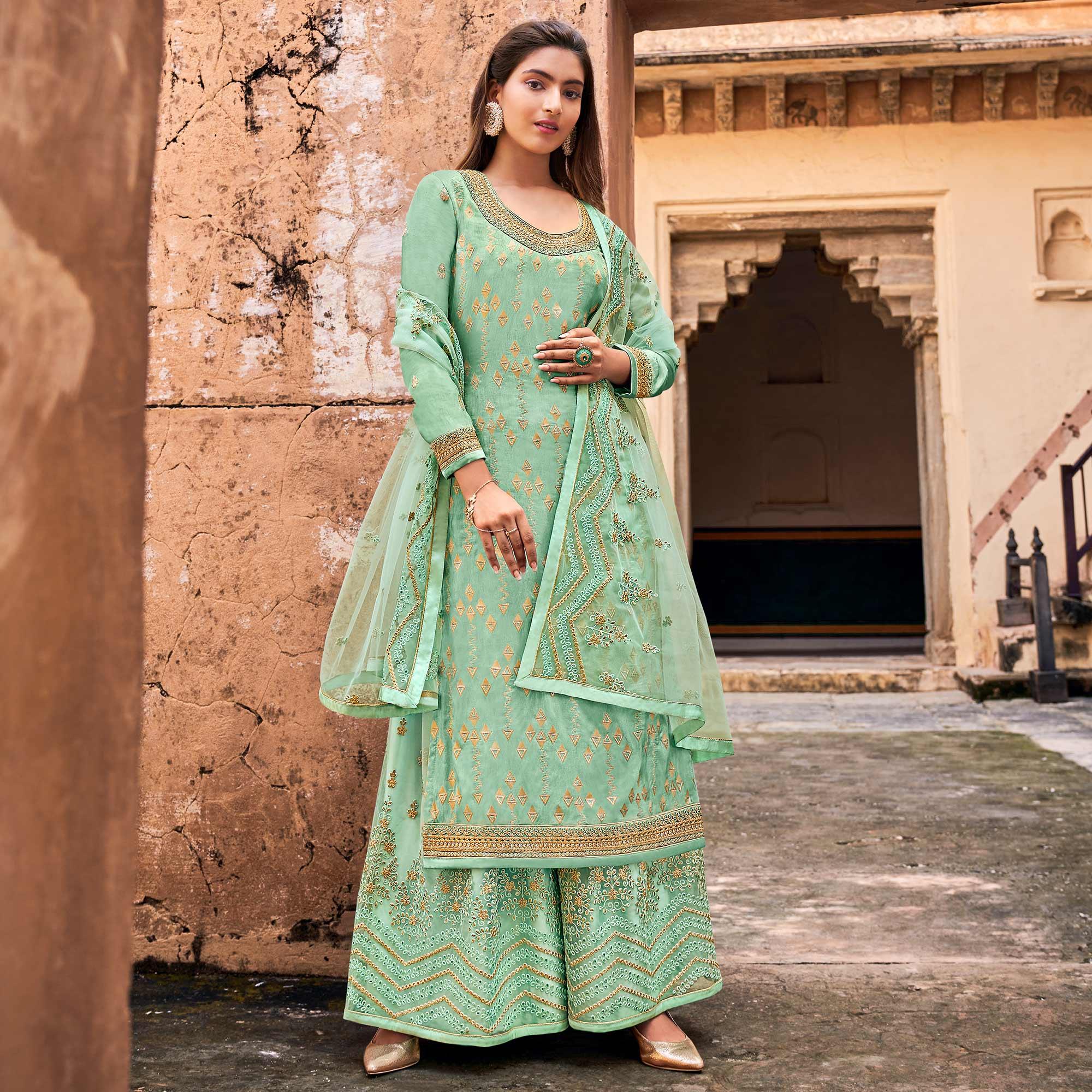 Turquoise Partywear Embroidered With Stone Work Dola Jacquard Palazzo Suit - Peachmode