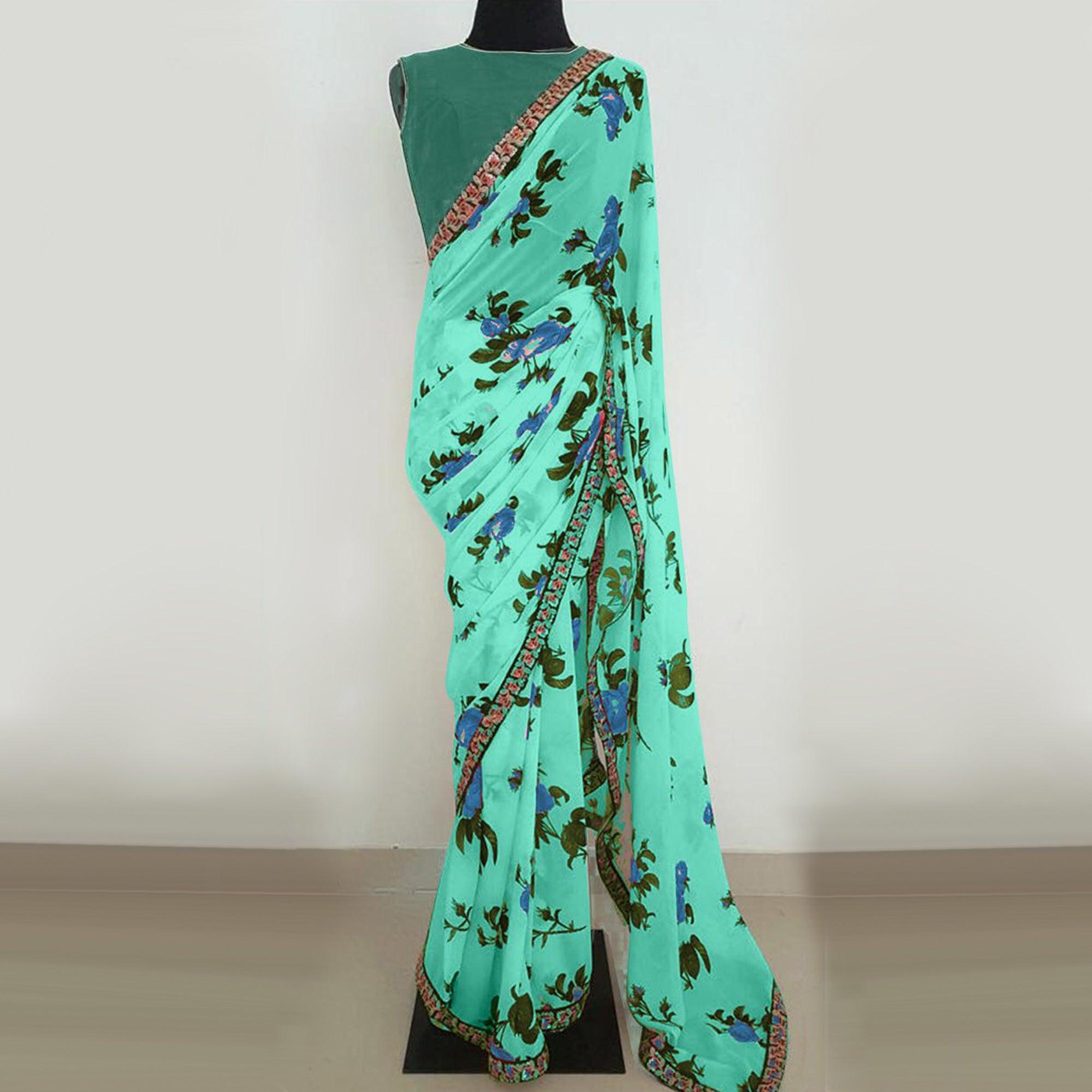 Turquoise Partywear Floral Printed Georgette Saree With Embroidered Lace - Peachmode