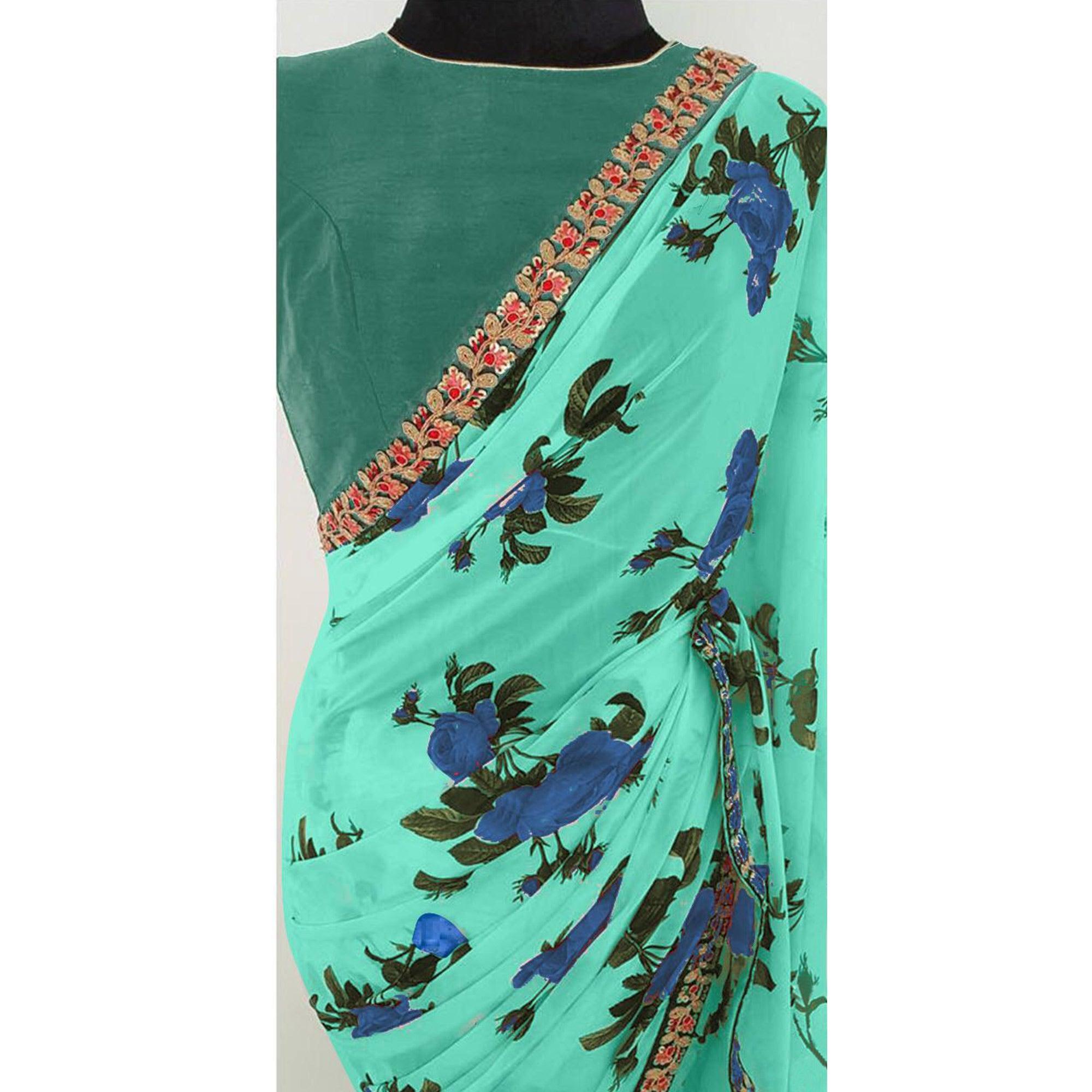 Turquoise Partywear Floral Printed Georgette Saree With Embroidered Lace - Peachmode