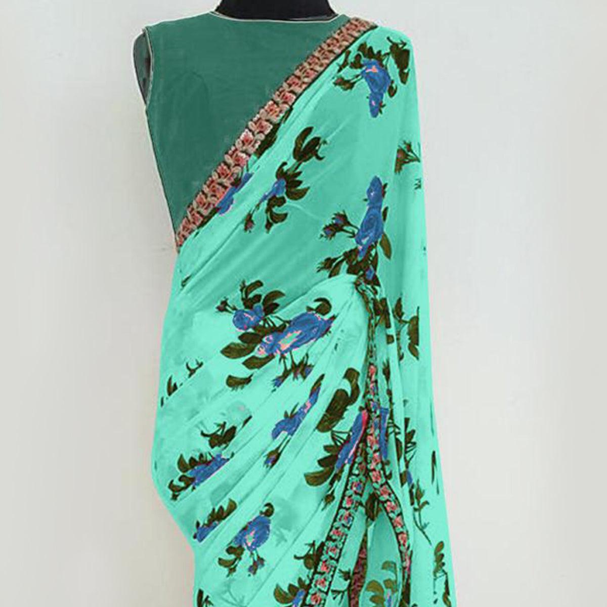Turquoise Partywear Floral Printed Georgette Saree With Embroidered Lace - Peachmode