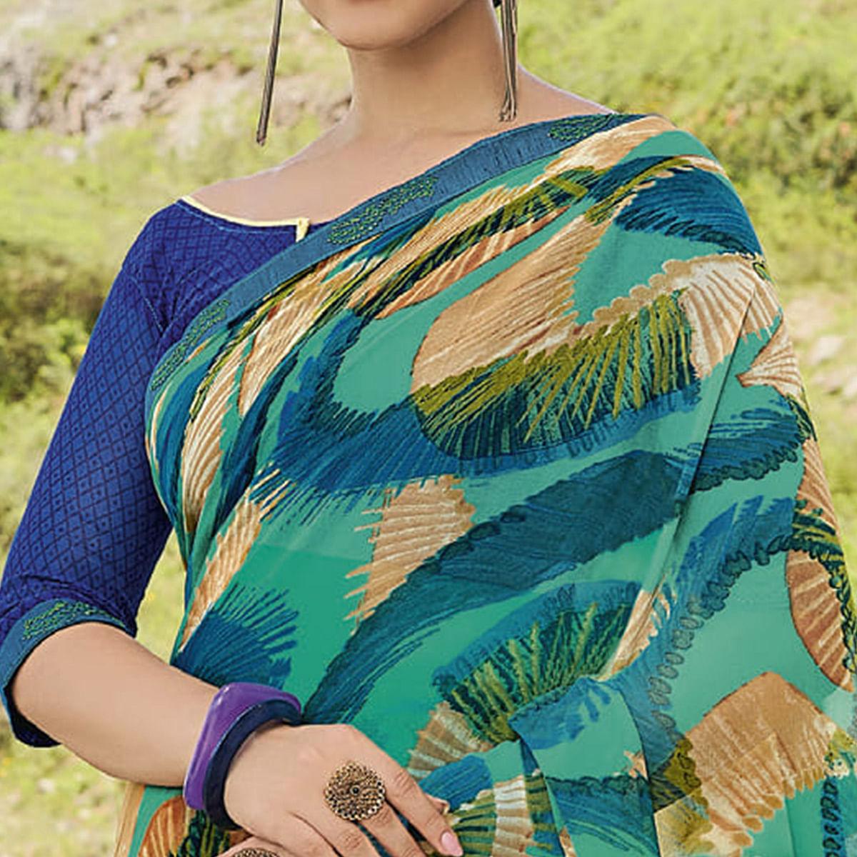 Turquoise Partywear Printed Georgette Saree - Peachmode