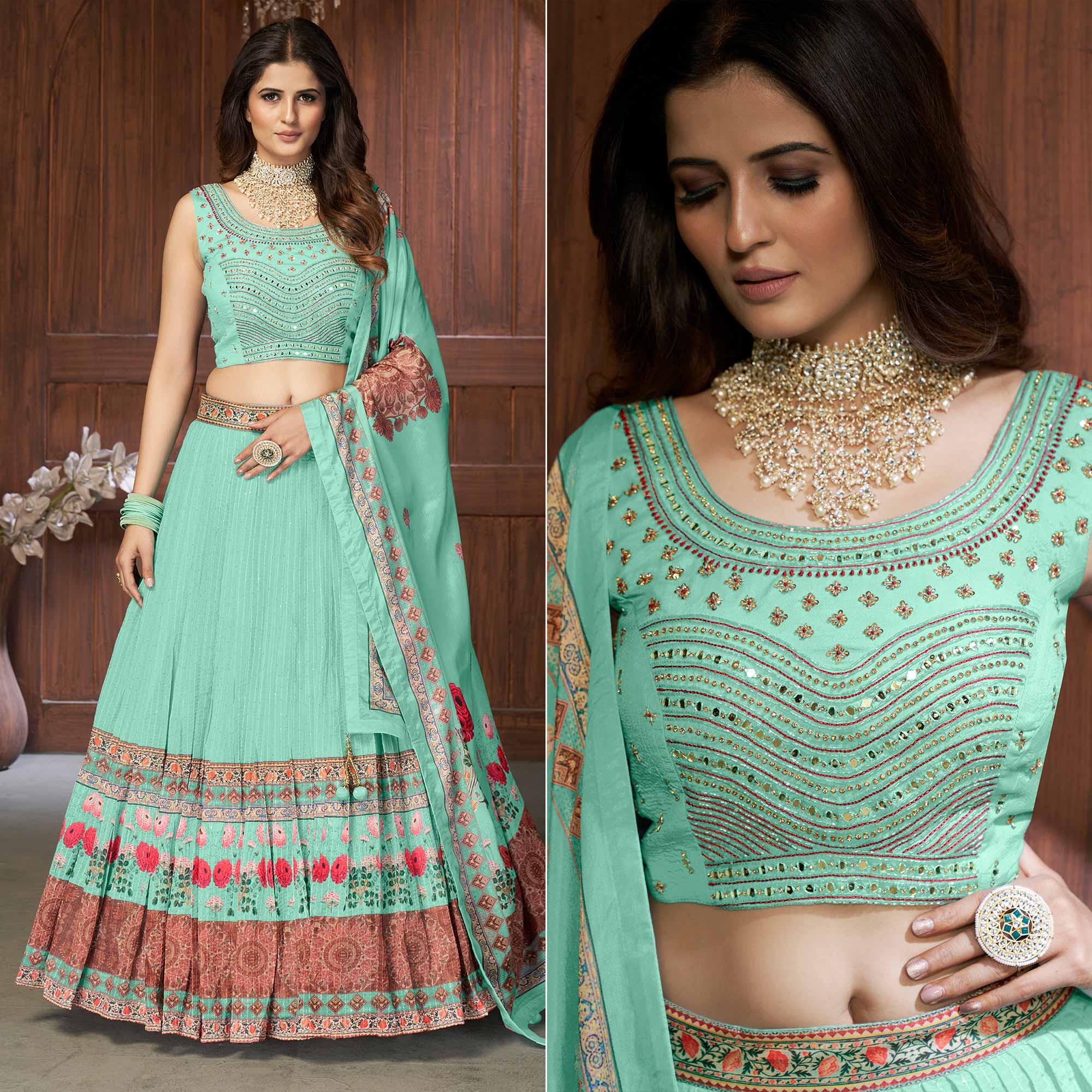 Turquoise Partywear Resham Sequence Chiffon Lehenga Choli - Peachmode