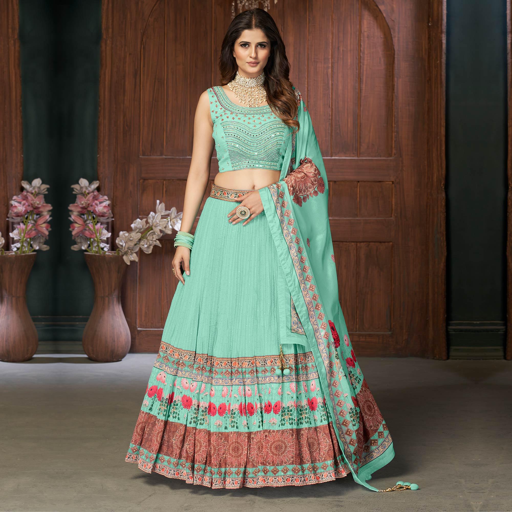 Turquoise Partywear Resham Sequence Chiffon Lehenga Choli - Peachmode