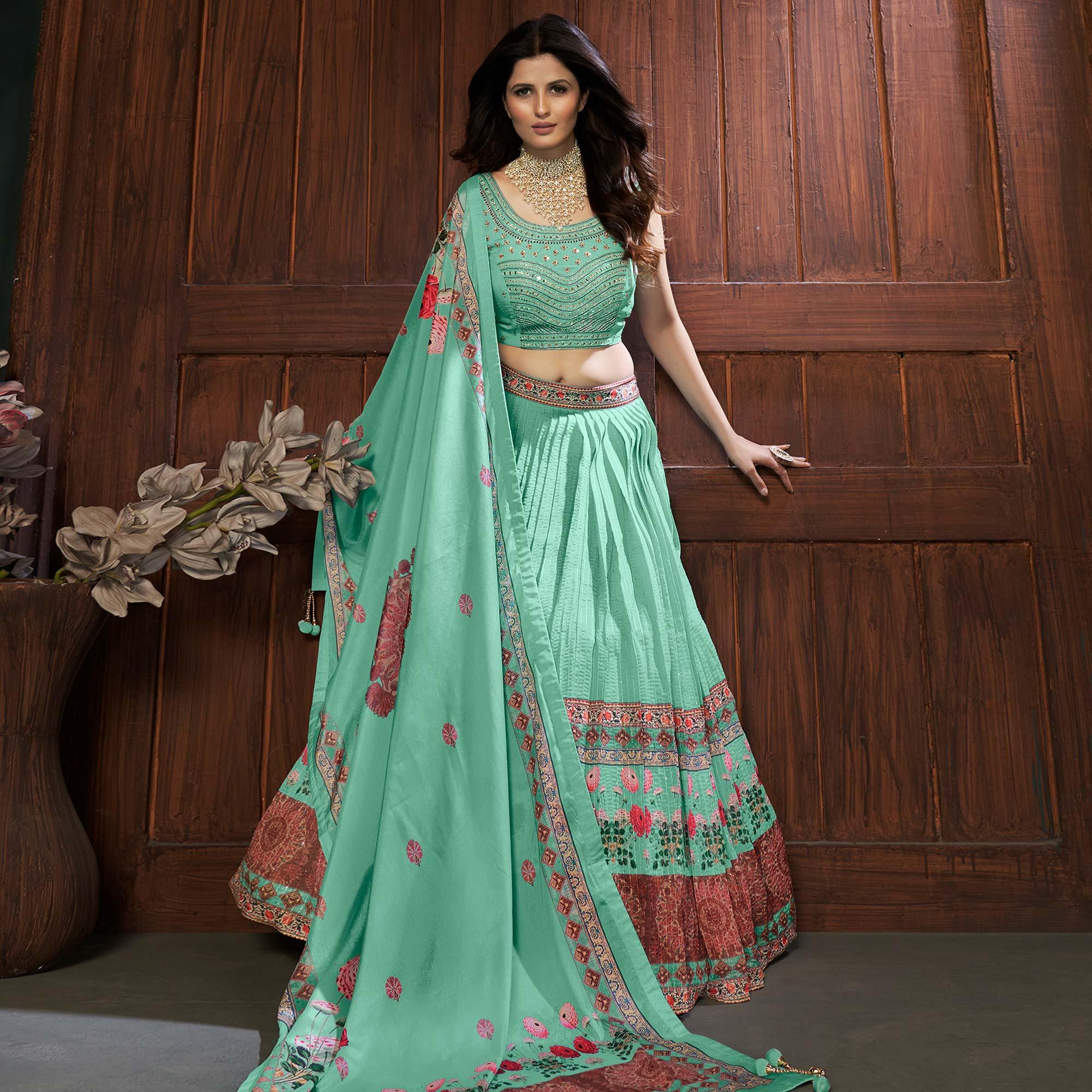 Turquoise Partywear Resham Sequence Chiffon Lehenga Choli - Peachmode