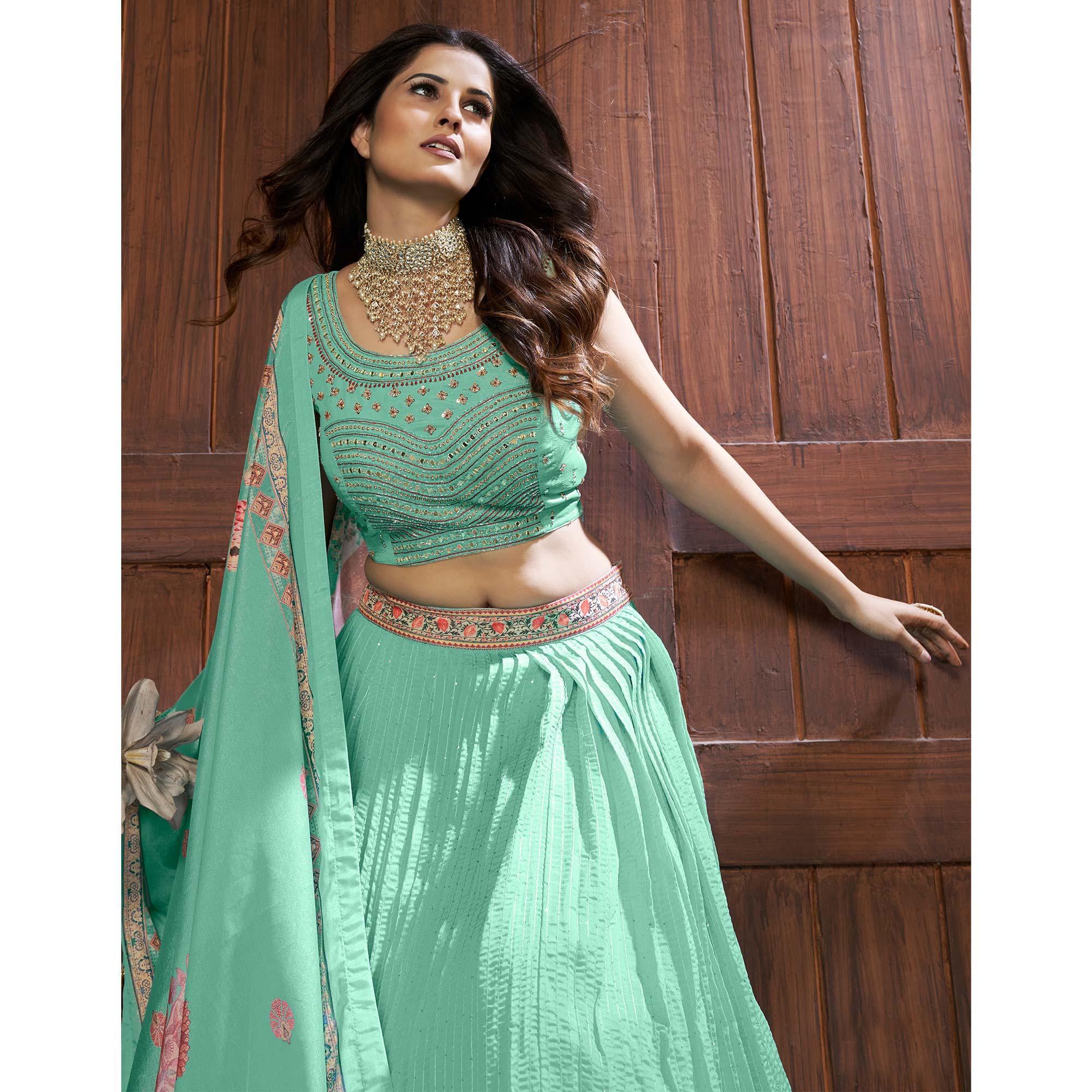 Turquoise Partywear Resham Sequence Chiffon Lehenga Choli - Peachmode