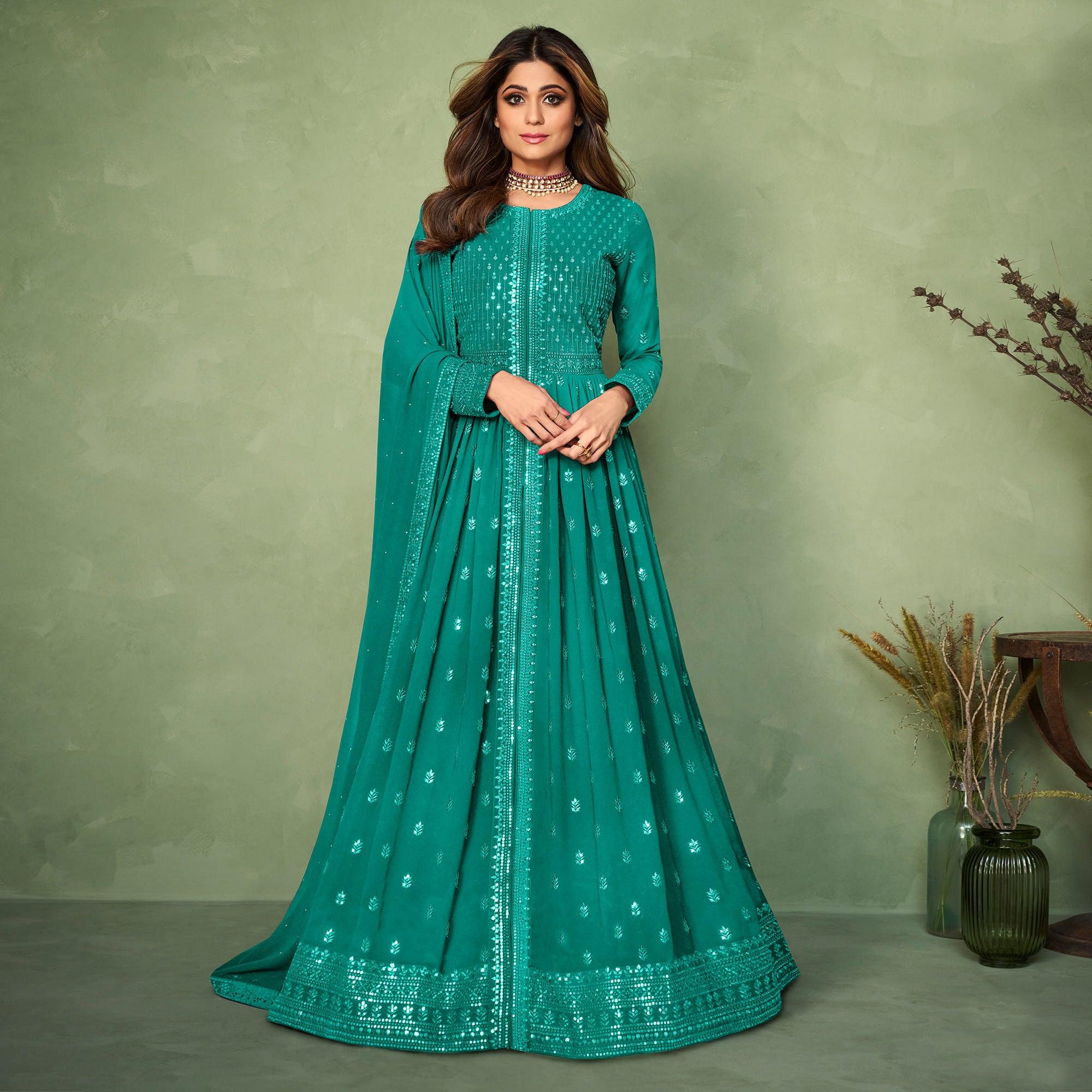 Turquoise Partywear Sequence Embroidered Georgette Gown - Peachmode