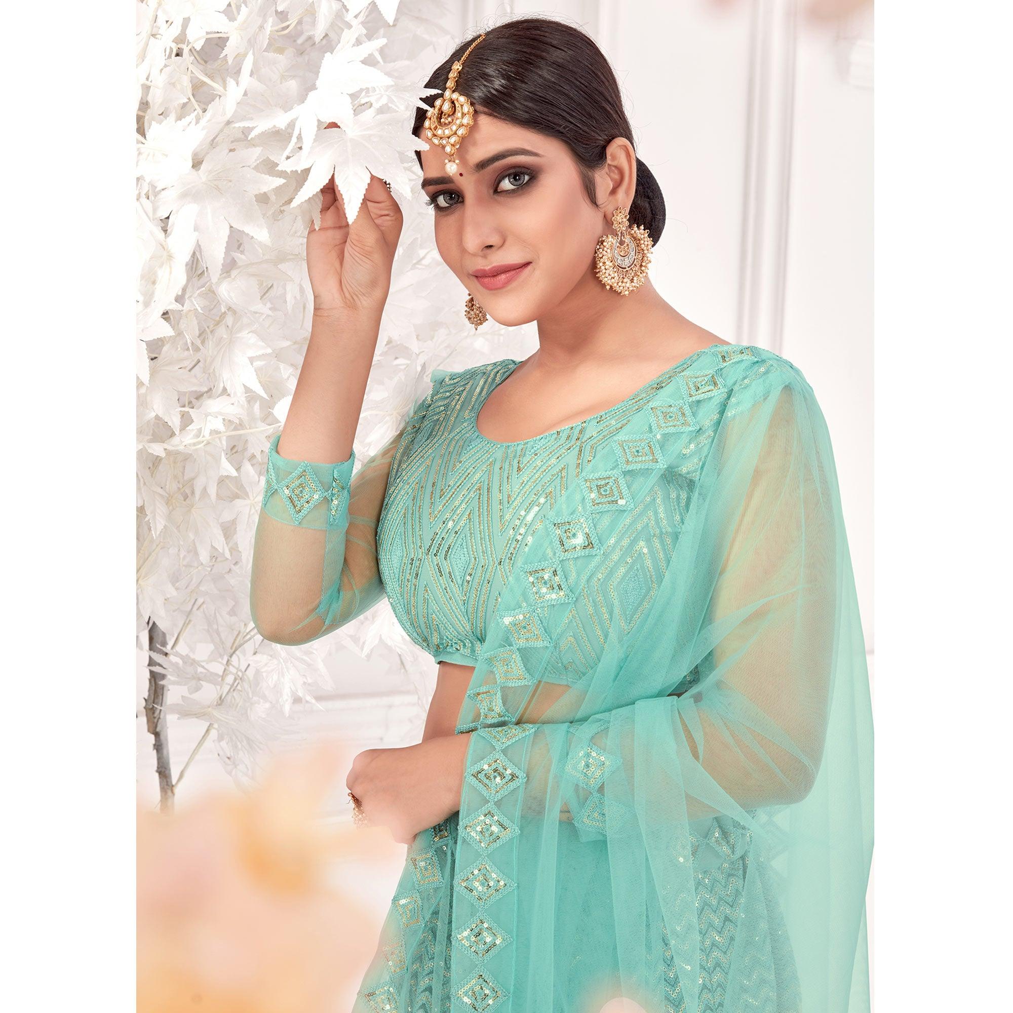 Turquoise Partywear Sequence Embroidered Net Lehenga Choli - Peachmode