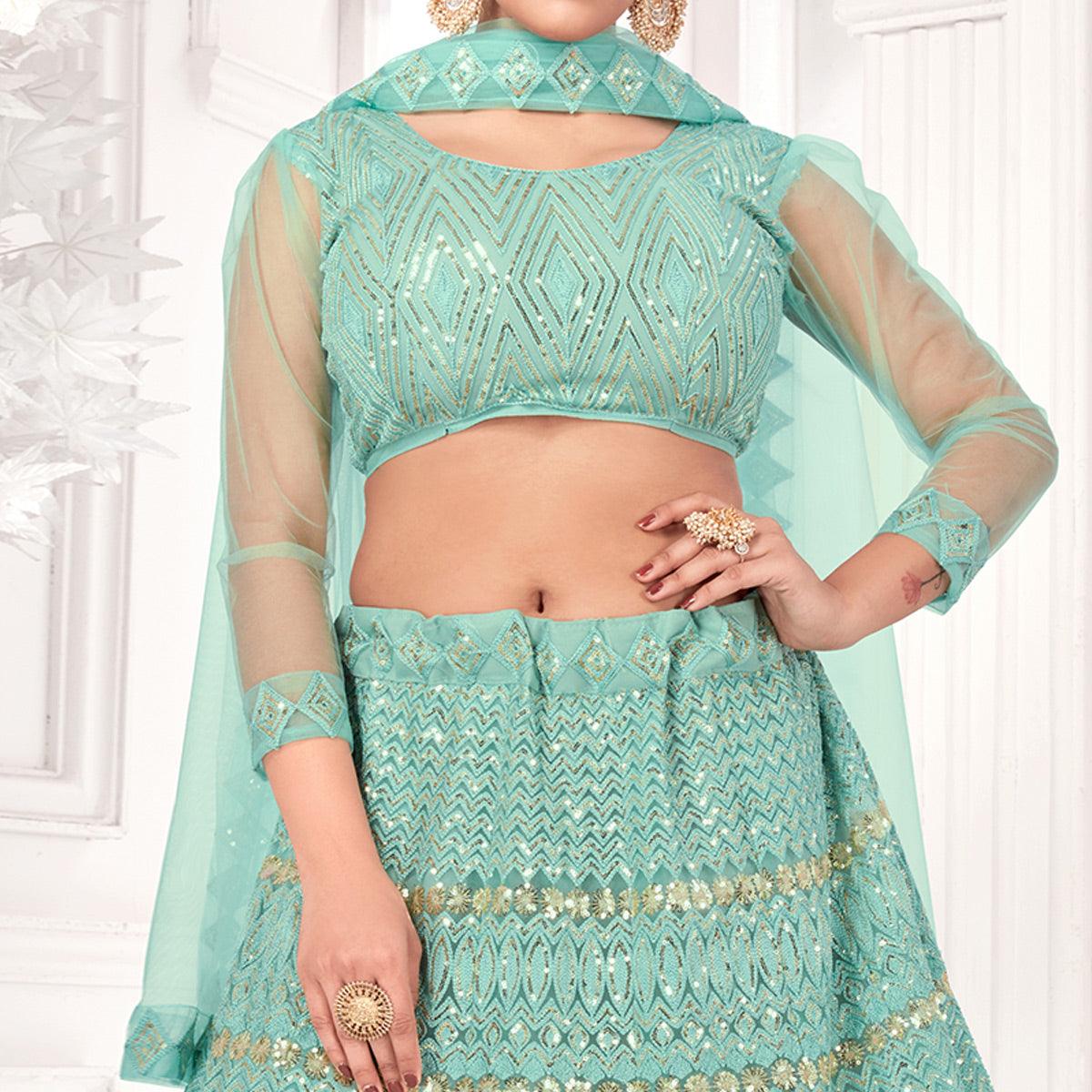 Turquoise Partywear Sequence Embroidered Net Lehenga Choli - Peachmode