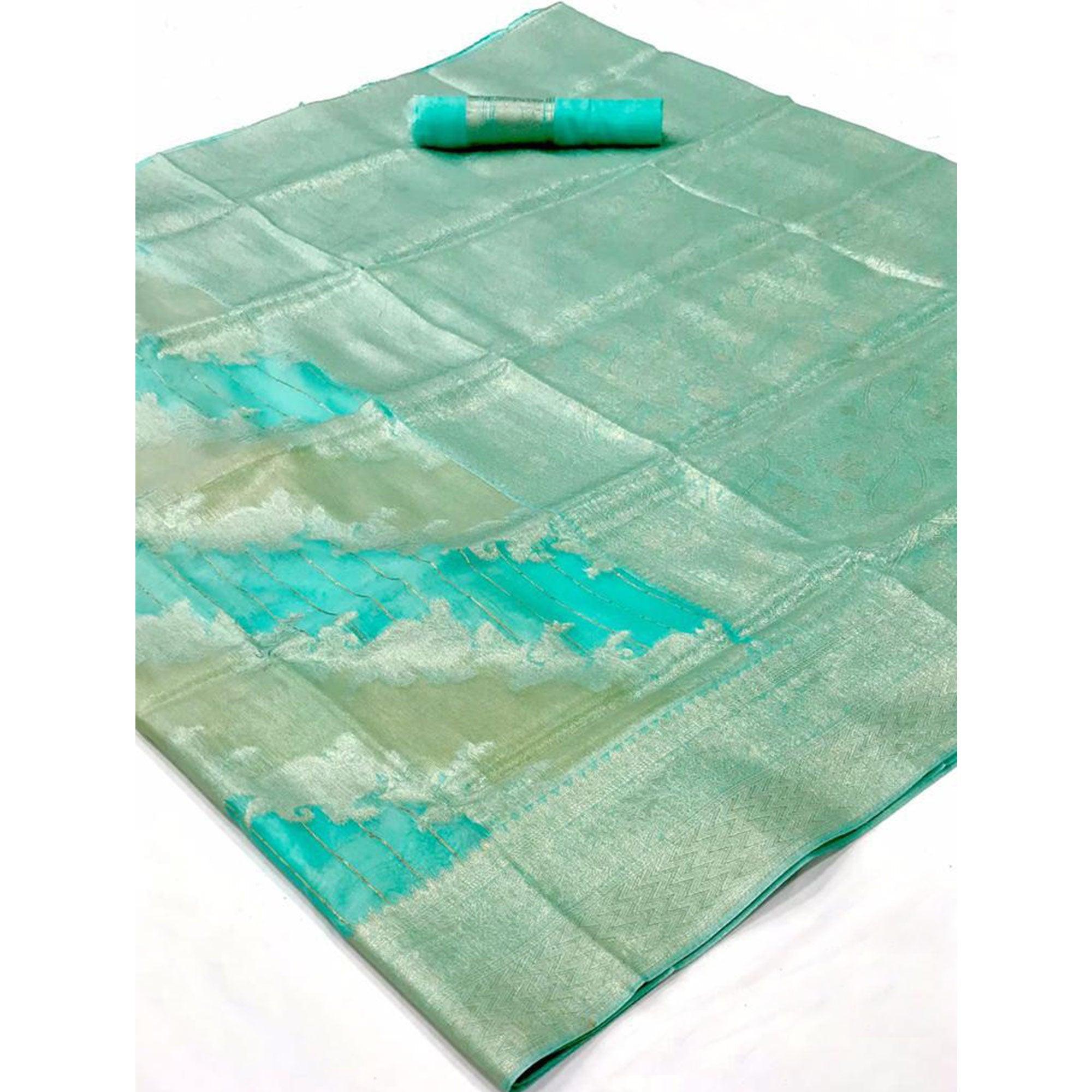 Turquoise Partywear Wear Woven Chanderi Saree - Peachmode