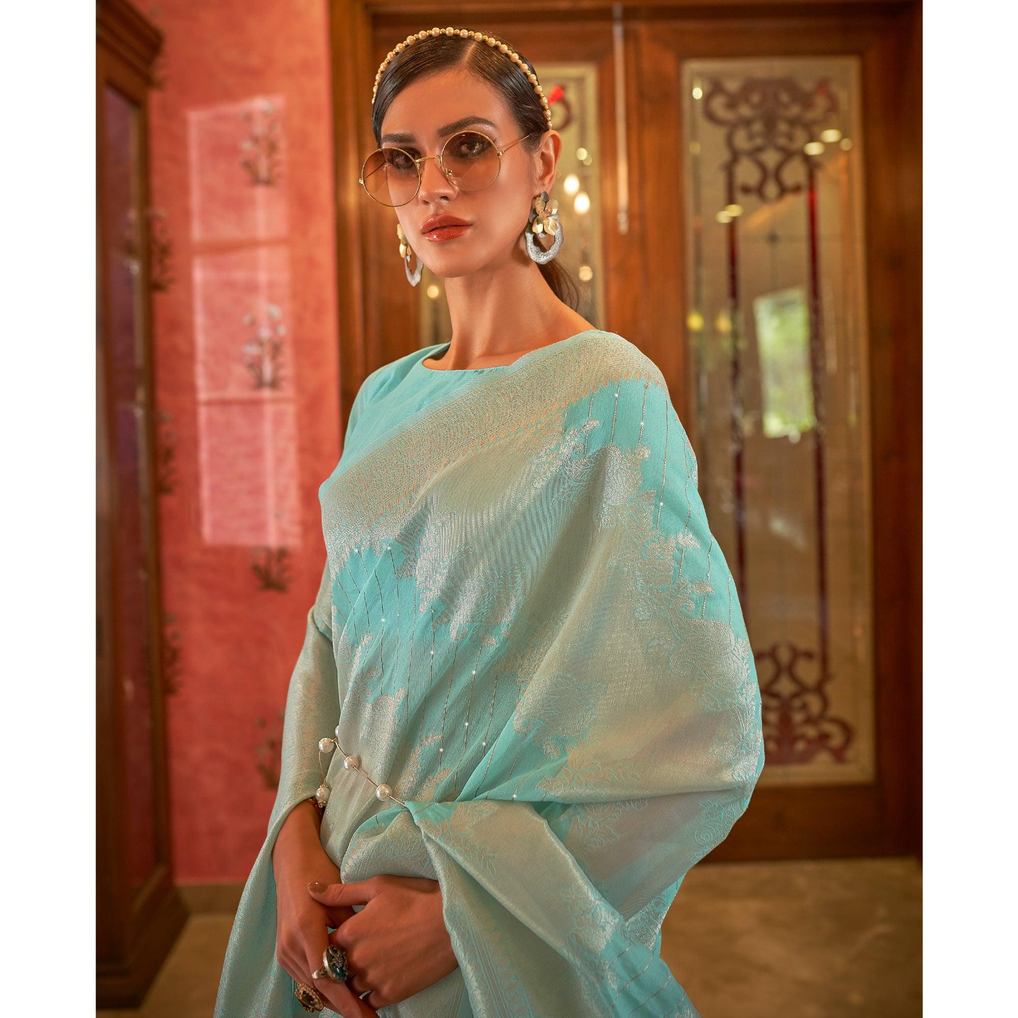 Turquoise Partywear Wear Woven Chanderi Saree - Peachmode