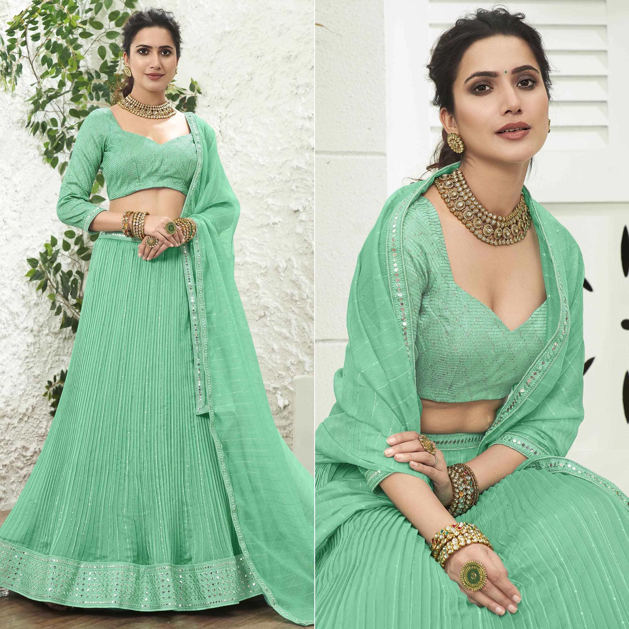 Turquoise Partywear Zari Sequence Embroidered Organza Lehenga Choli - Peachmode