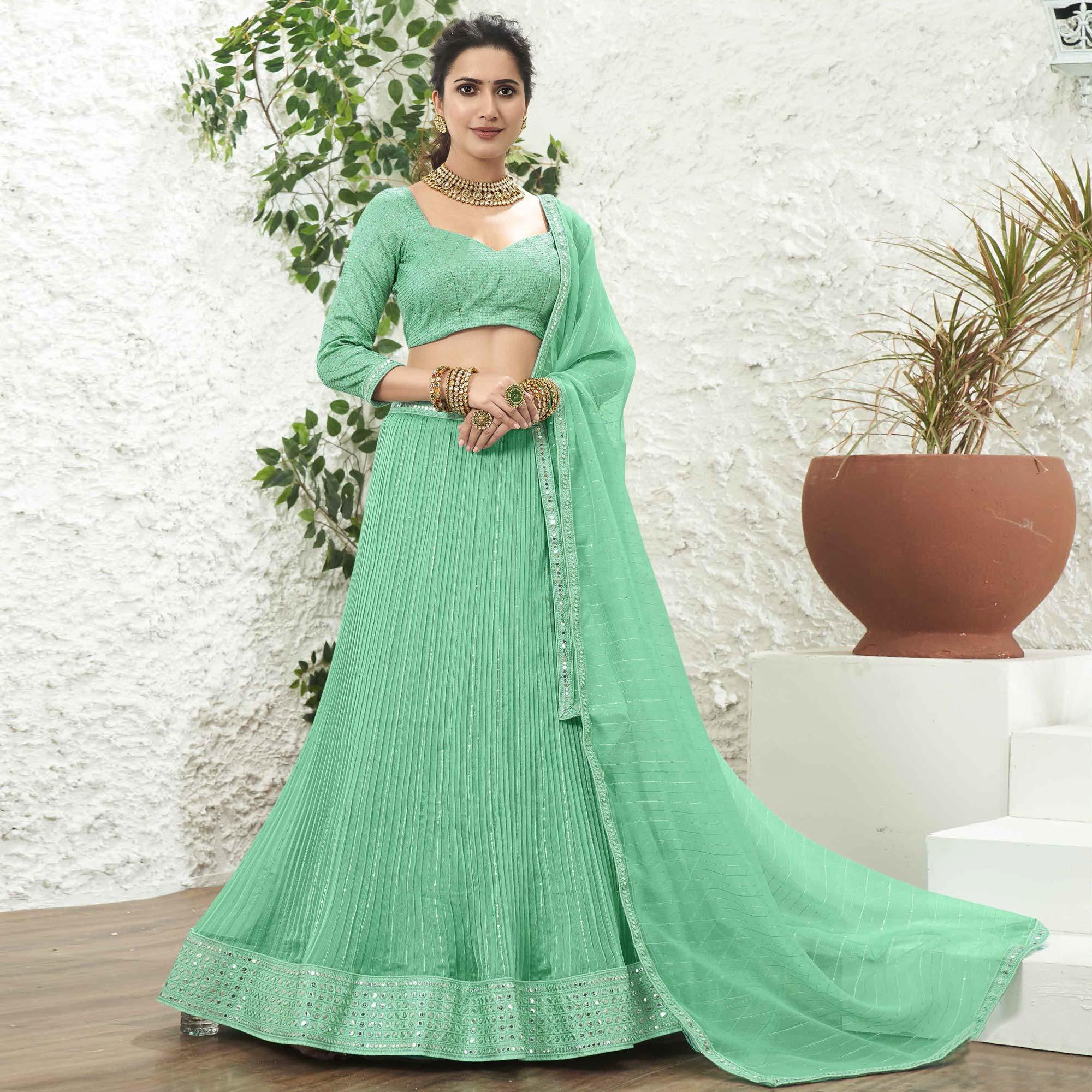 Turquoise Partywear Zari Sequence Embroidered Organza Lehenga Choli - Peachmode
