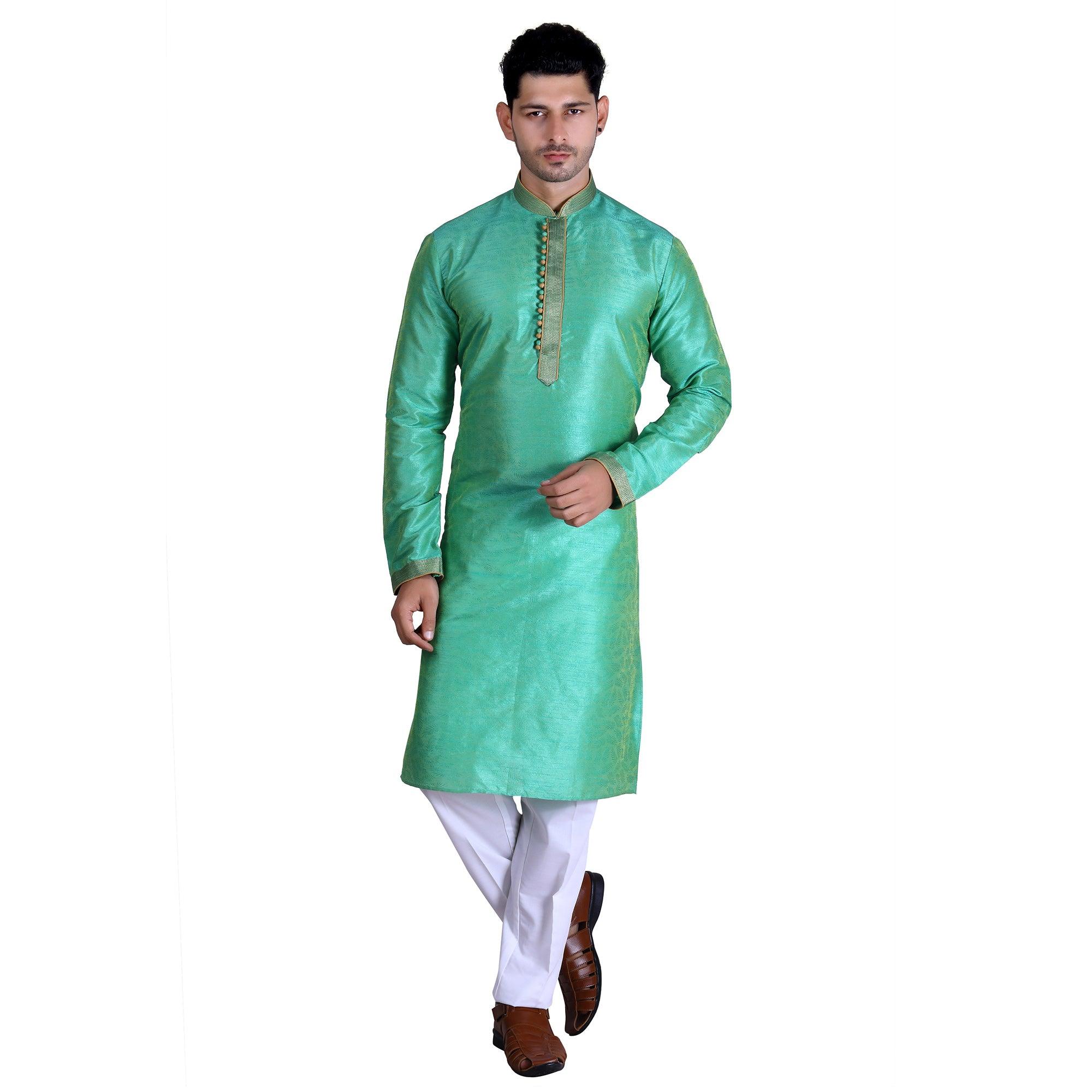 Turquoise Printed Art Silk Men's Kurta Pyjama Set - Peachmode