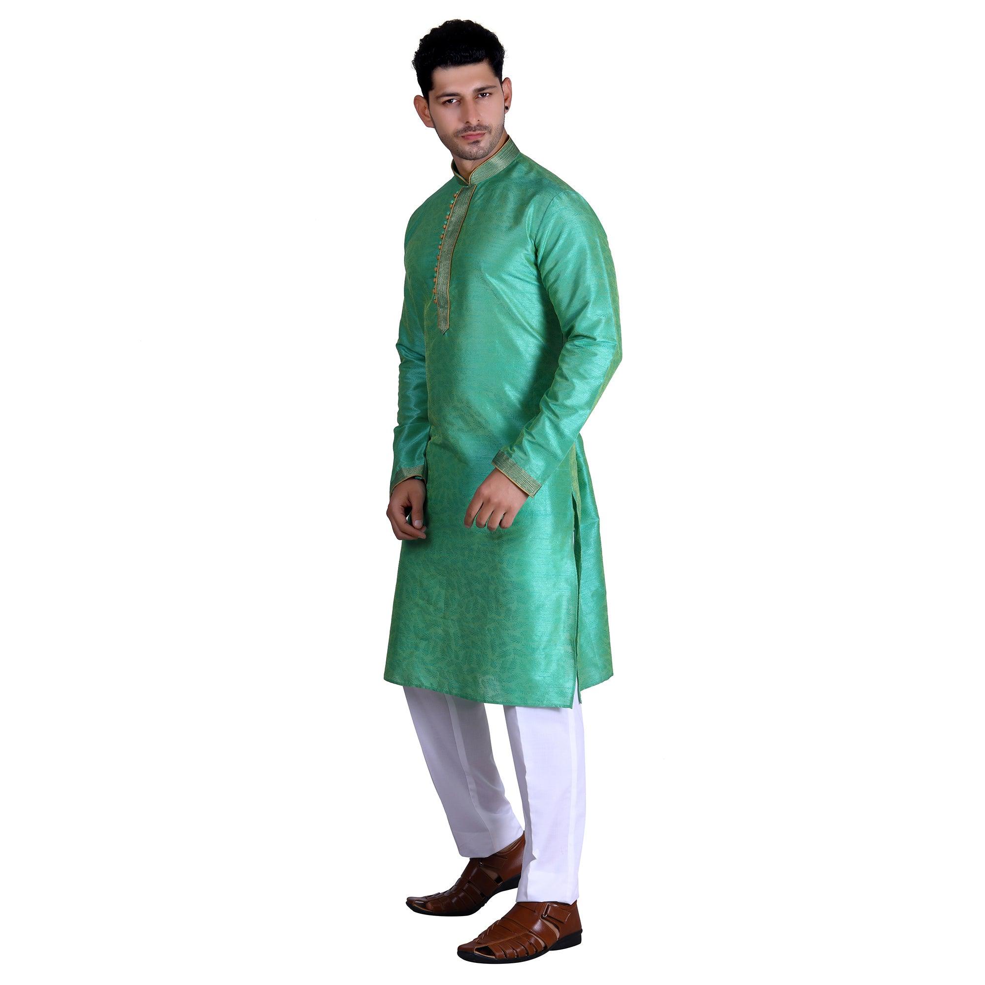 Turquoise Printed Art Silk Men's Kurta Pyjama Set - Peachmode