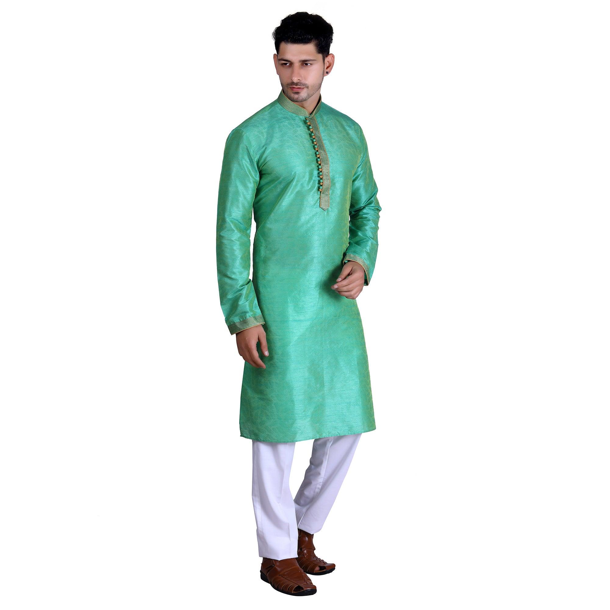 Turquoise Printed Art Silk Men's Kurta Pyjama Set - Peachmode