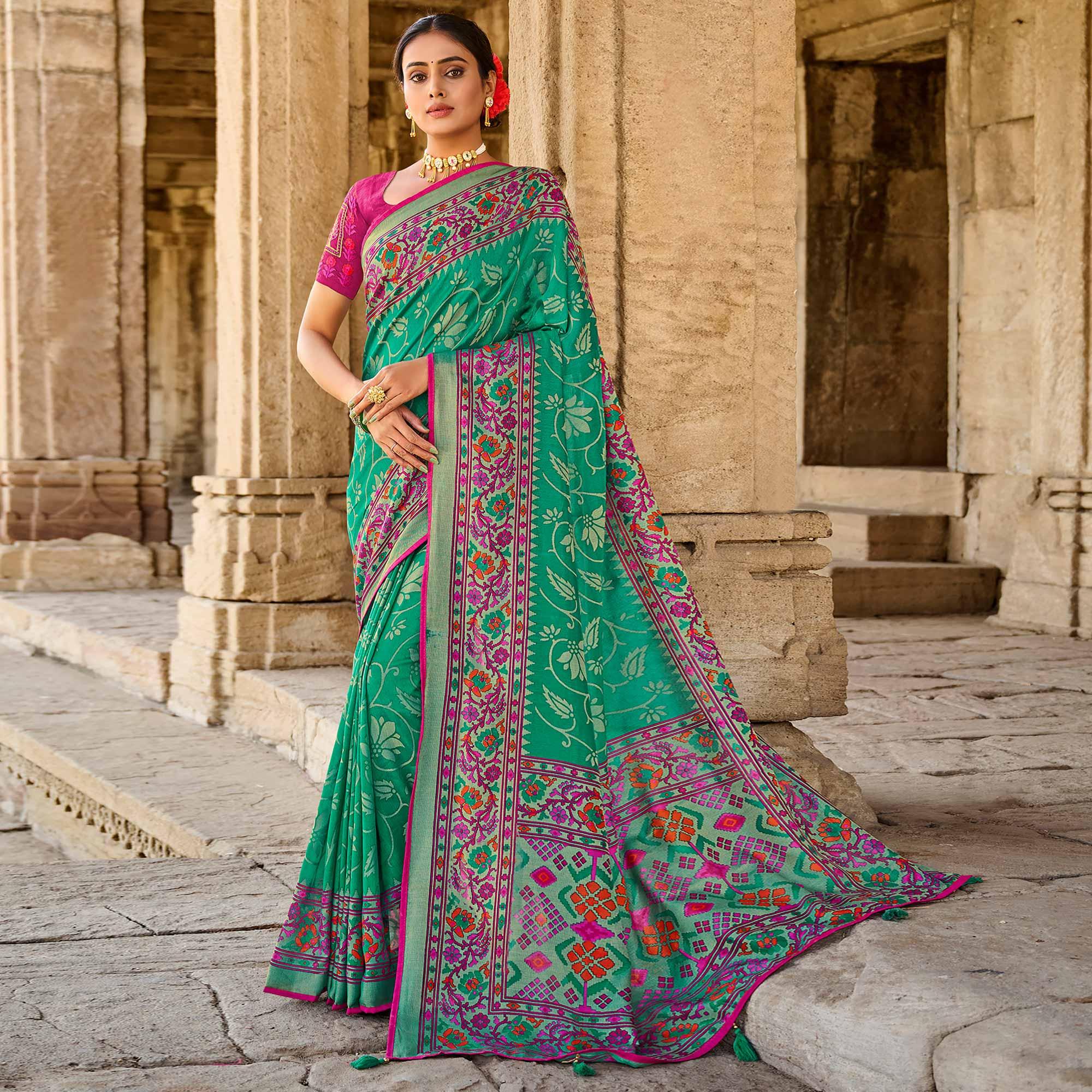 Turquoise Printed Art Silk Saree With Tassels - Peachmode