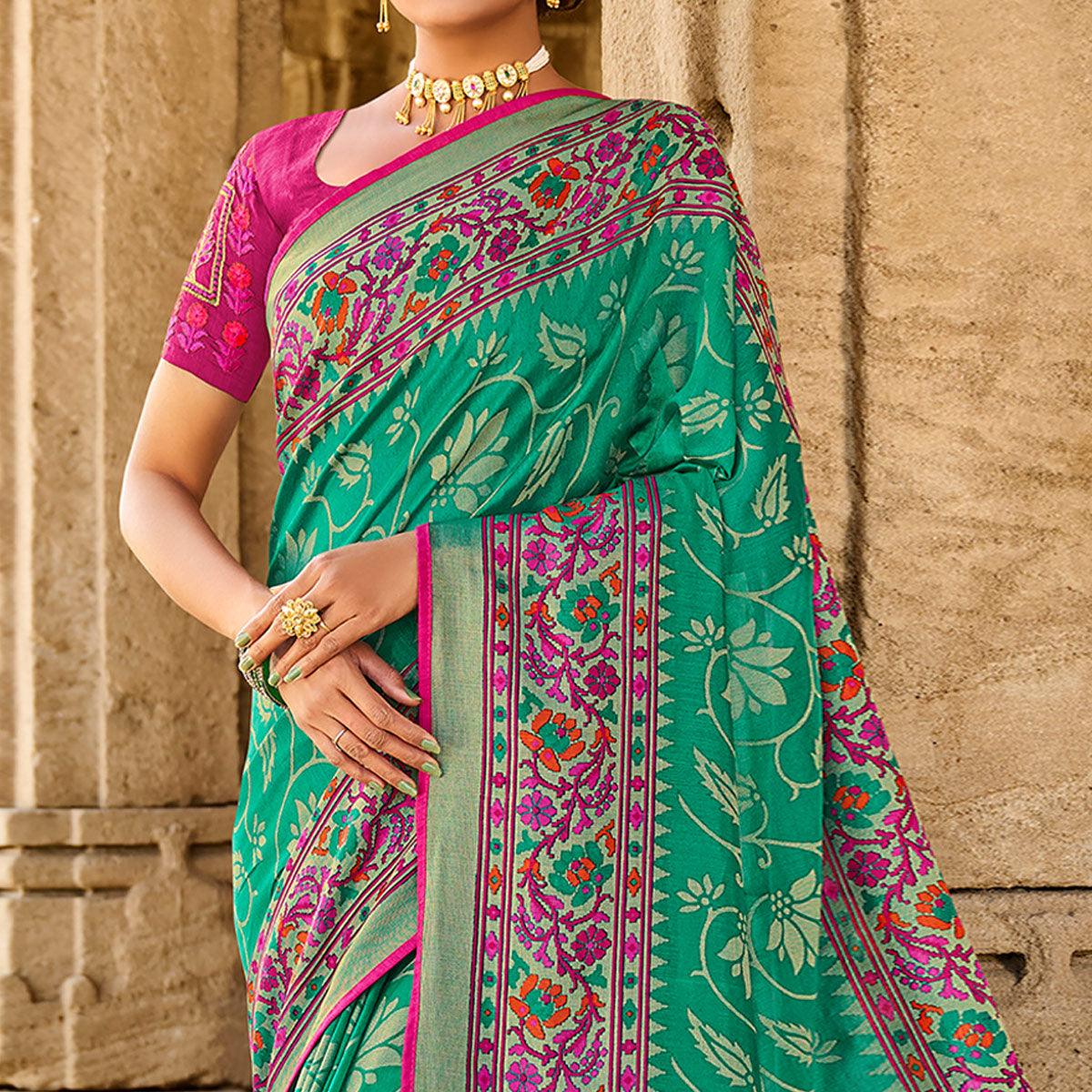 Turquoise Printed Art Silk Saree With Tassels - Peachmode
