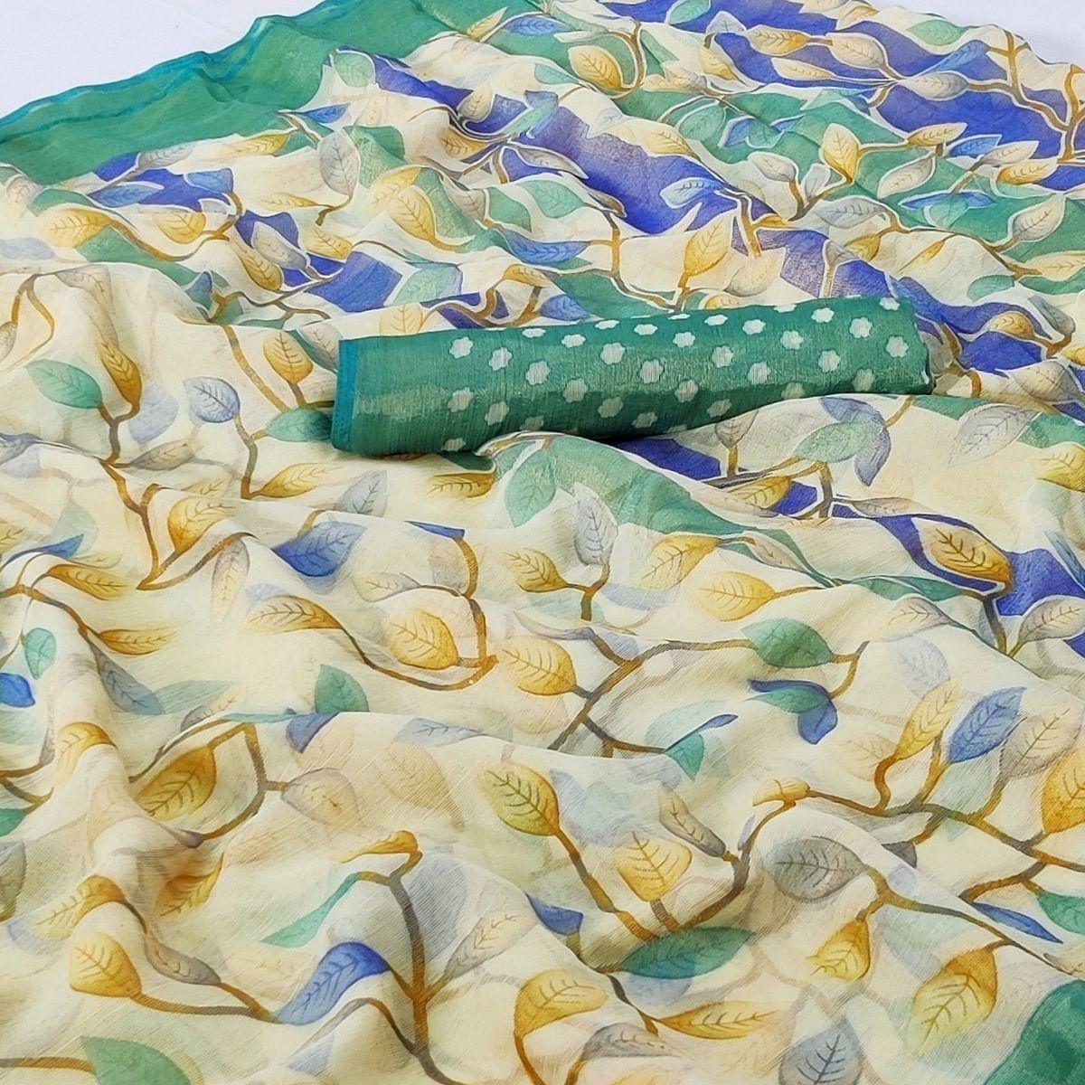 Turquoise Printed Chiffon Saree - Peachmode