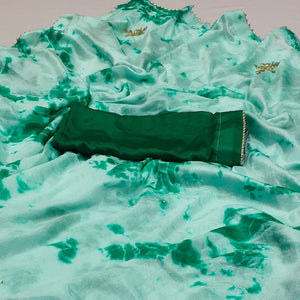 Turquoise Printed Chiffon Saree - Peachmode